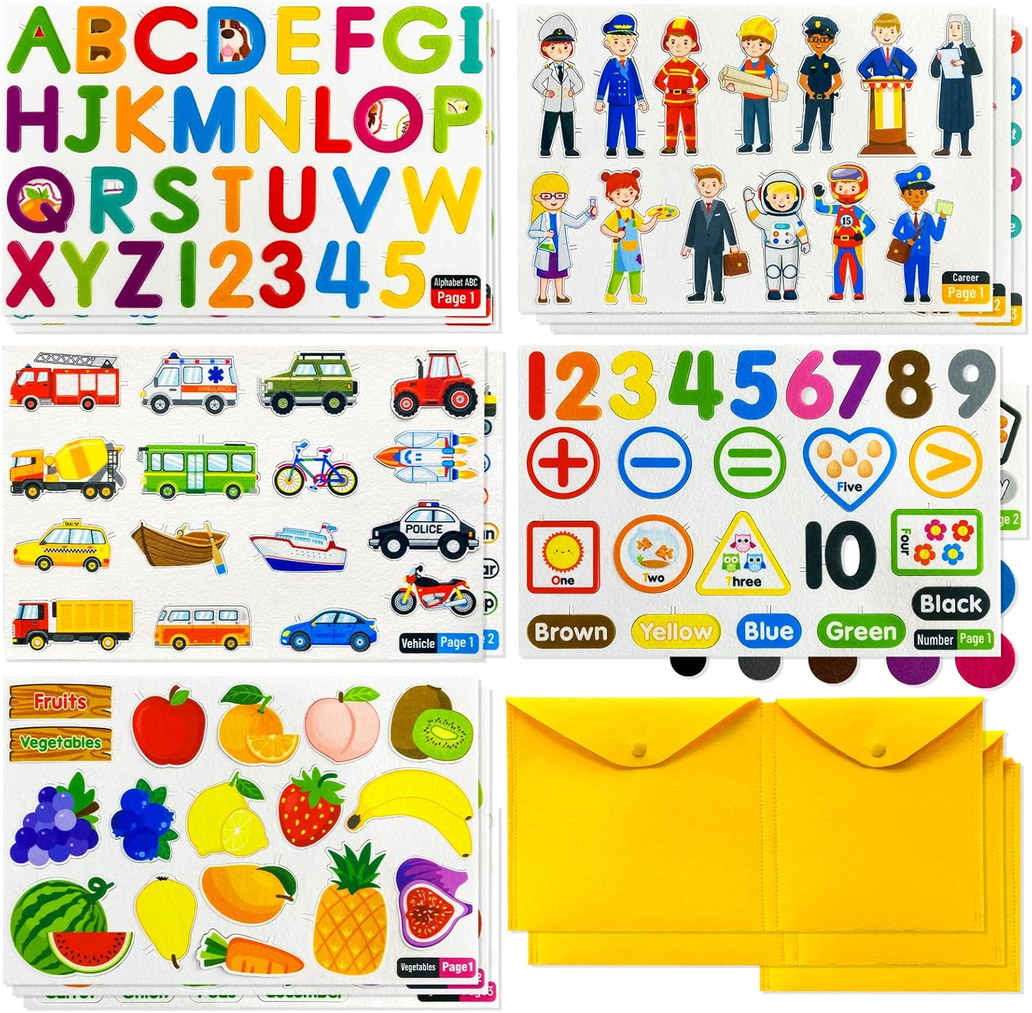 PENGFULL 5 Felt Learning Pieces Set,Alphabet Letters Fruits and Vegetables Numbers Community Helpers Transportation Learning Pieces,for Felt Flannel Board, for Toddlers Kindergarten Preschool