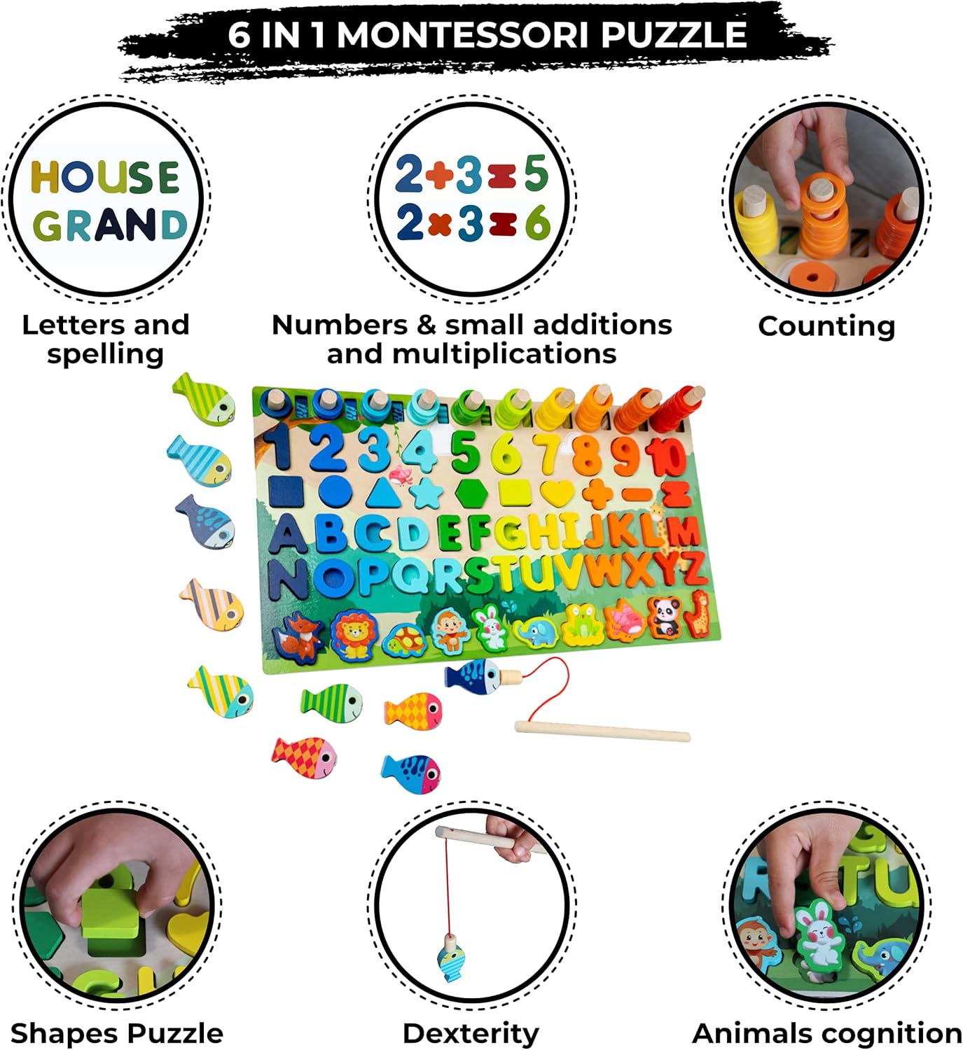 OHOME : Wooden Montessori Puzzle Toy 6 in 1 Educational Game Children 3 4 5 6 Years Learn Letters Shapes and Mathematics Counting Numbers - Numbers