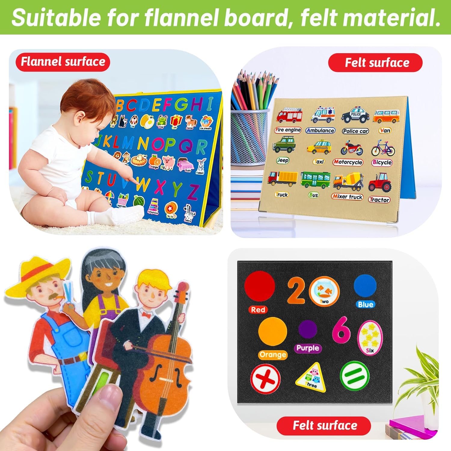 PENGFULL 5 Felt Learning Pieces Set,Alphabet Letters Fruits and Vegetables Numbers Community Helpers Transportation Learning Pieces,for Felt Flannel Board, for Toddlers Kindergarten Preschool