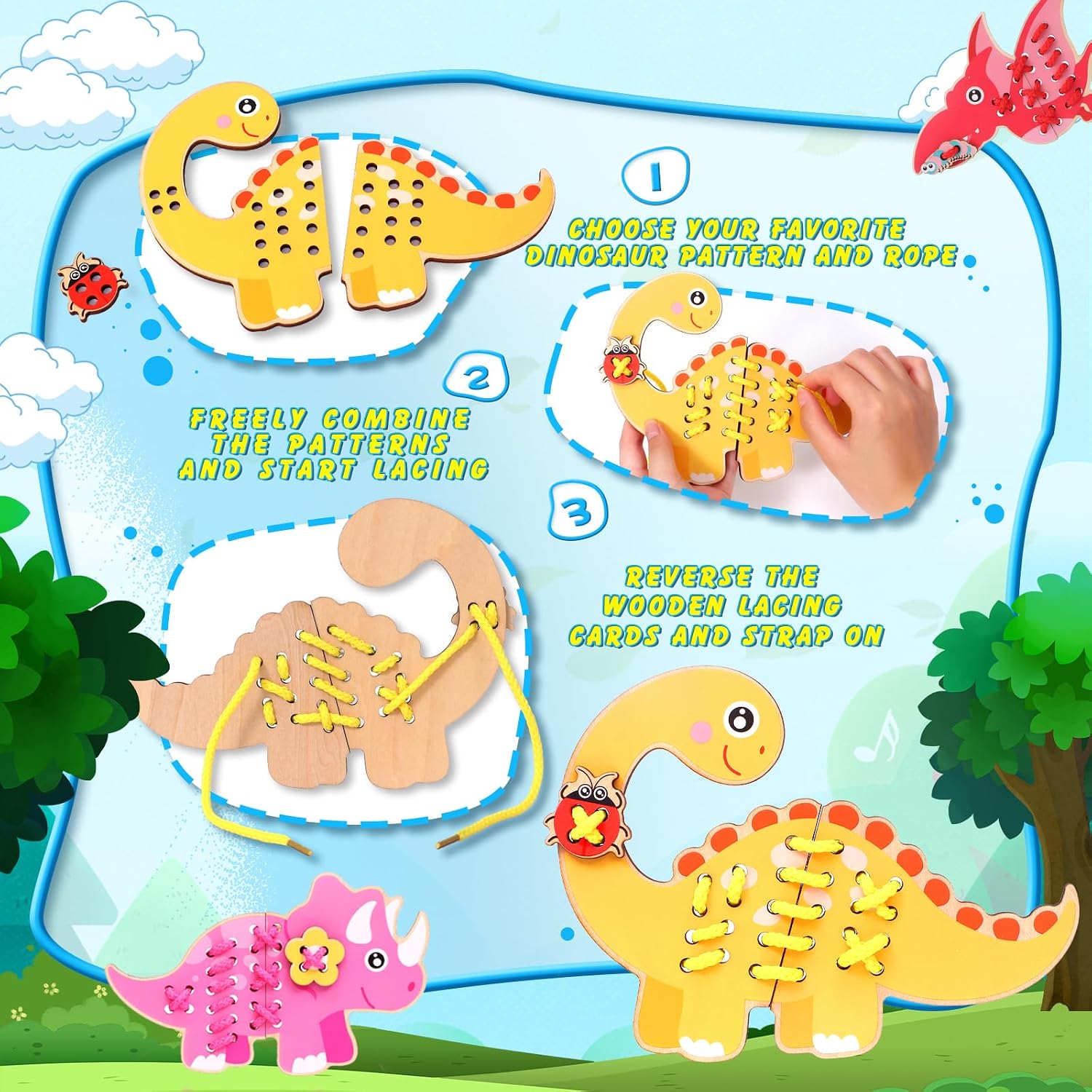 Fidtoy Wooden Dinosaur Threading Toy for Kids | Montessori Lacing Cards, Hand-Eye Coordination, Fine Motor Skills & Preschool Sewing Activity Toy Age 2-6