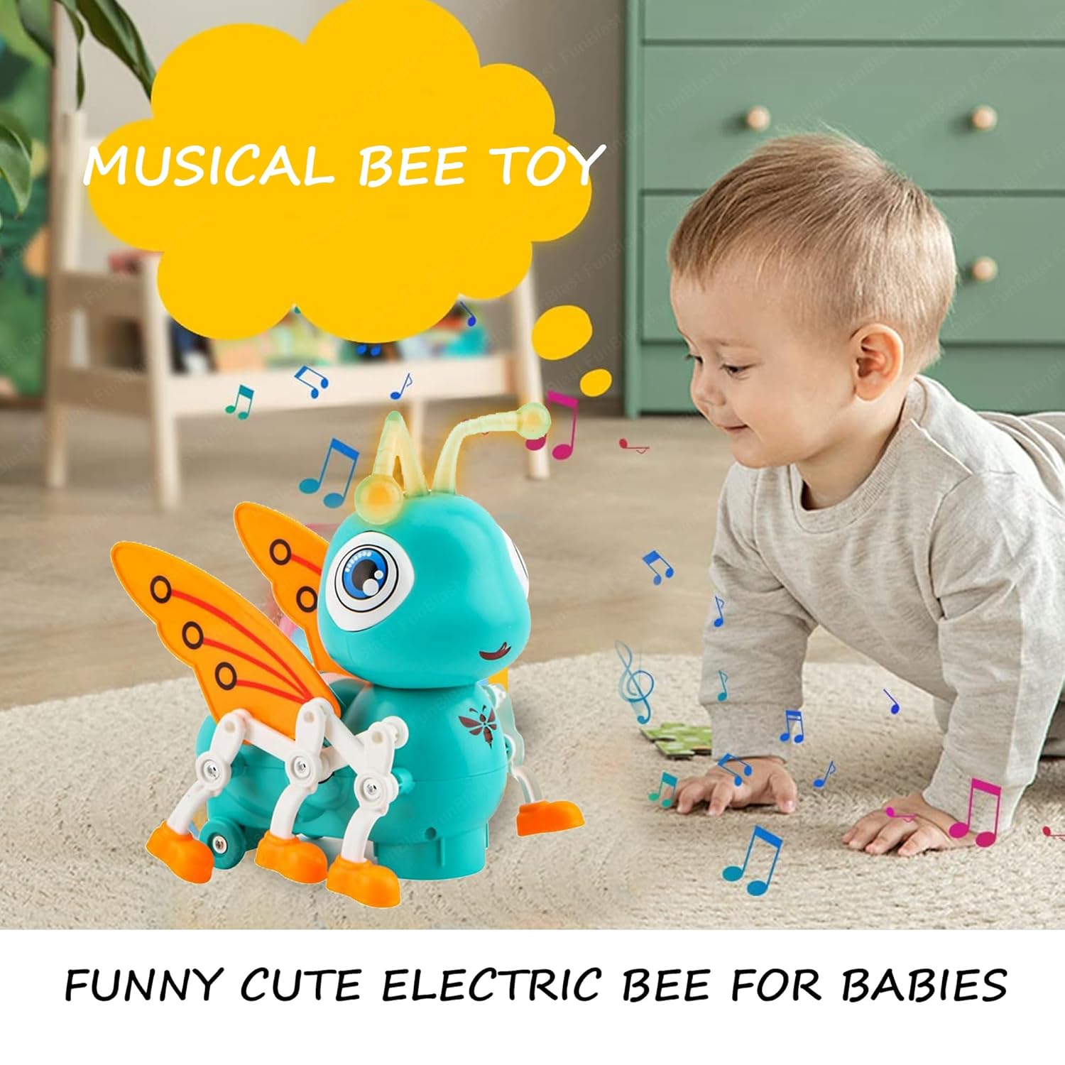 Fidtoy Walking Musical Bee Toy with Lights and 360 Rotation