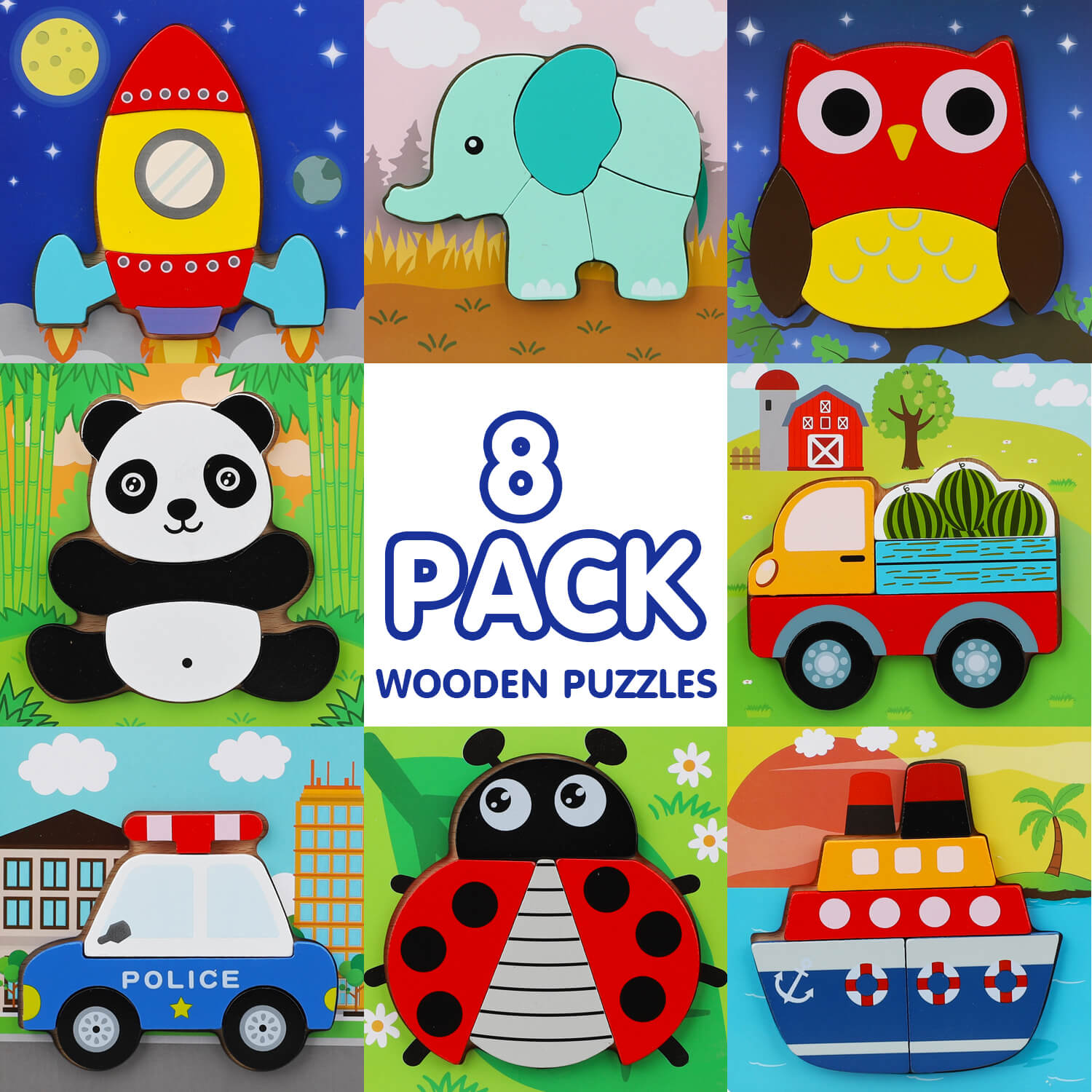 8 Pack Wooden Puzzles for Toddlers