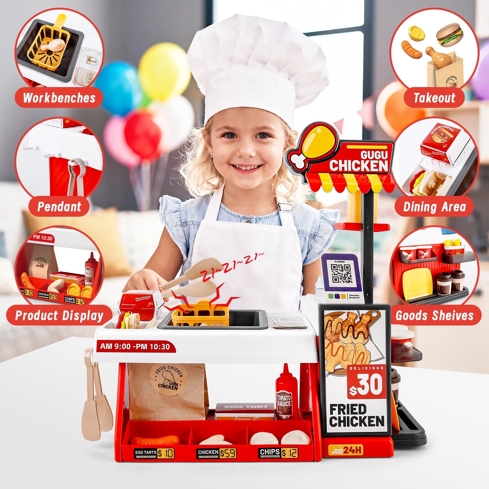 Mini Kitchen Playset Fried Chicken Shop Toy with Color-Changing Food, Burgers, Fries,Cash Register | Pretend Cooking Role Play Set for Kids