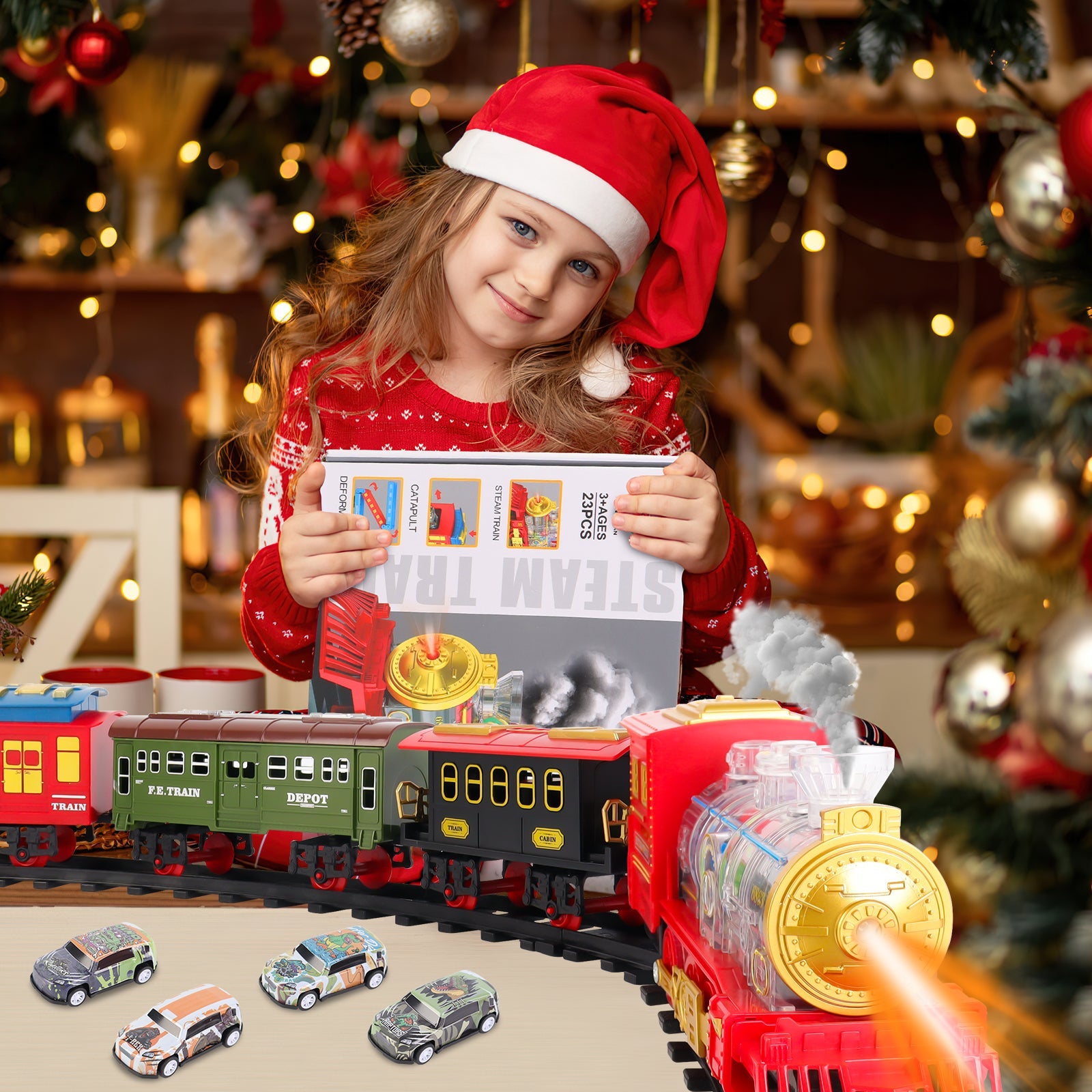 Electric Christmas Train Set with Deformable Carriage 4 Random Alloy Cars Sound Smoke and Cool Light Christmas Tree Train Gift for Kids