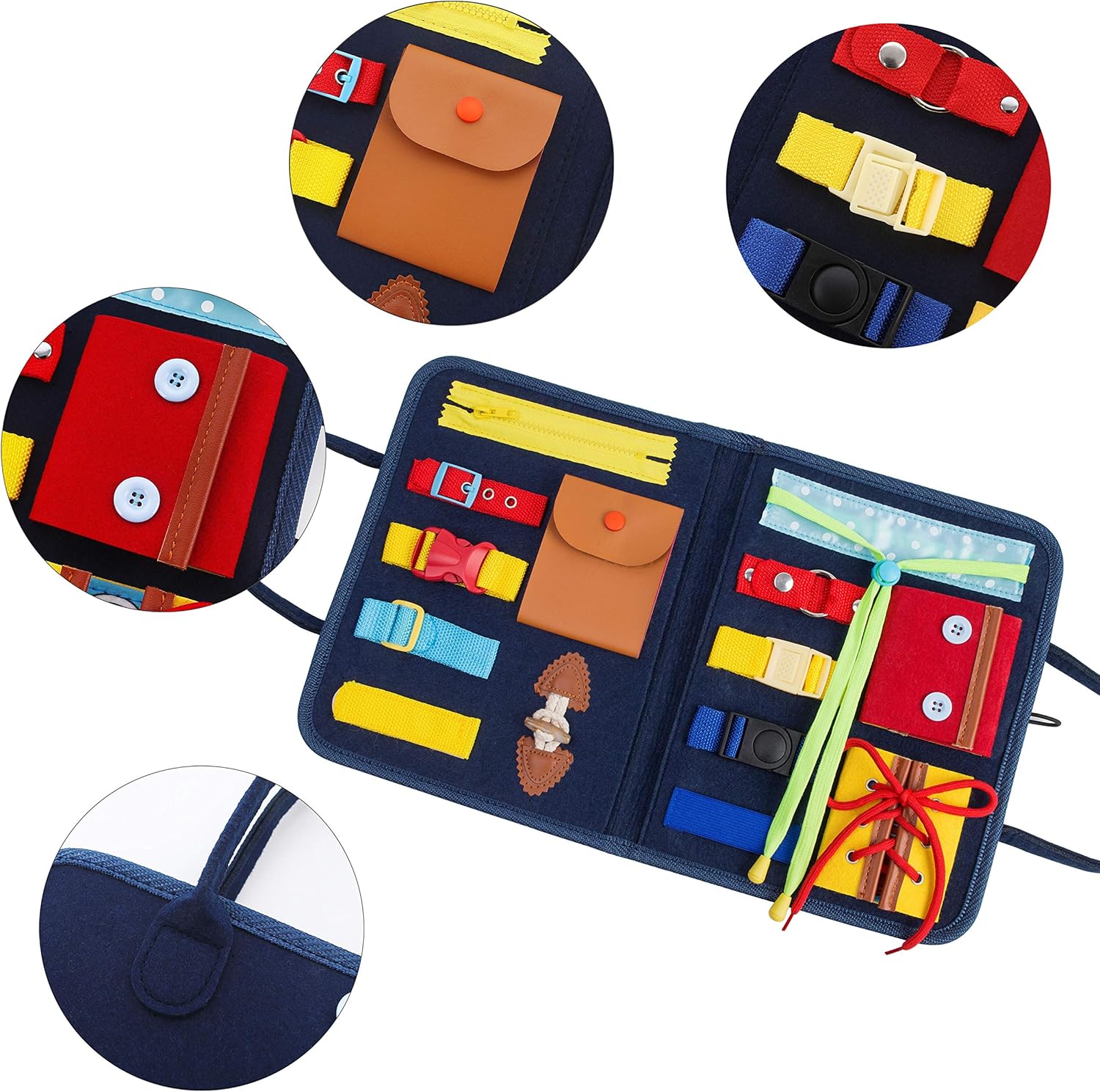 Toddler Busy Board, Preschool Montessori Toys for Develop Basic Skills, 14 in 1 Educational Sensory Board for 3+ Years Old Kids, Parent-Kids Activity Toy, Bag Design for Airplane or Car Travel