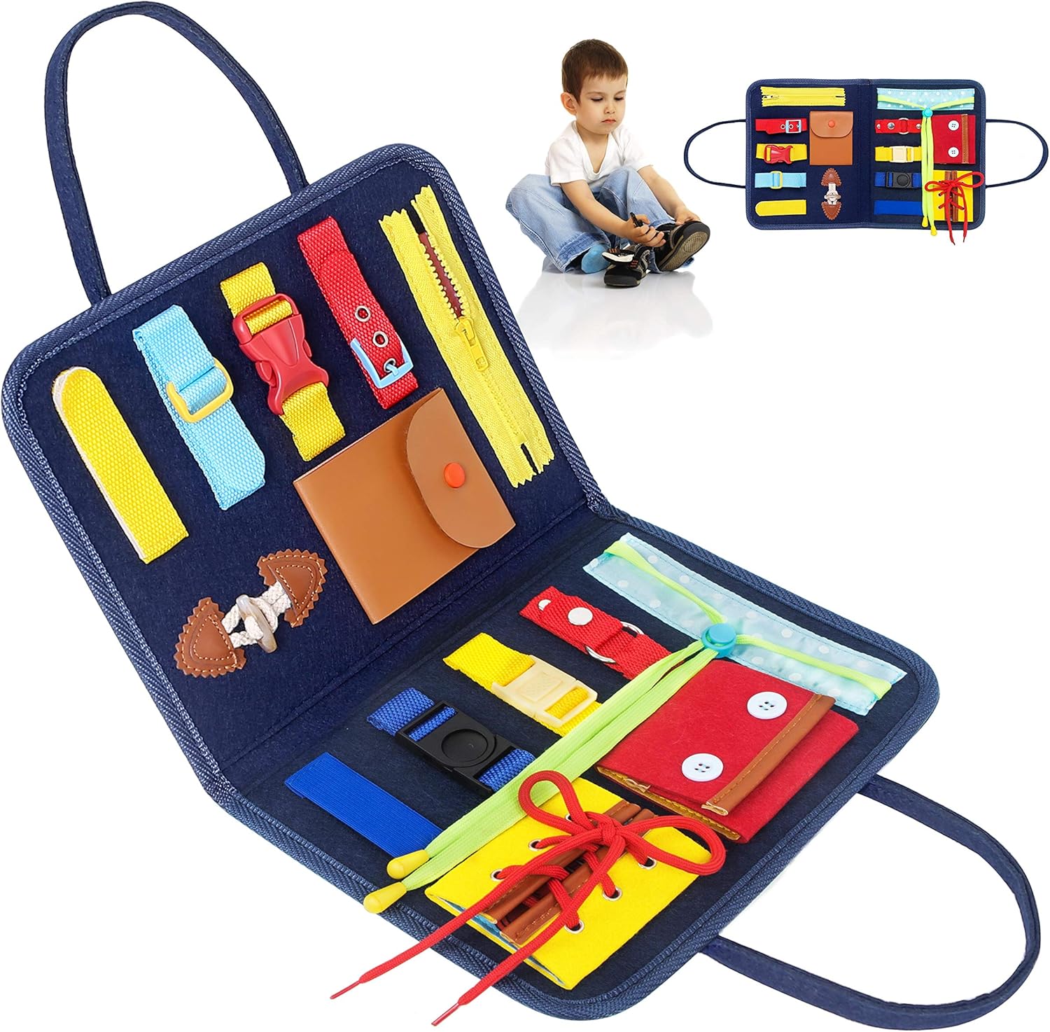 Toddler Busy Board, Preschool Montessori Toys for Develop Basic Skills, 14 in 1 Educational Sensory Board for 3+ Years Old Kids, Parent-Kids Activity Toy, Bag Design for Airplane or Car Travel