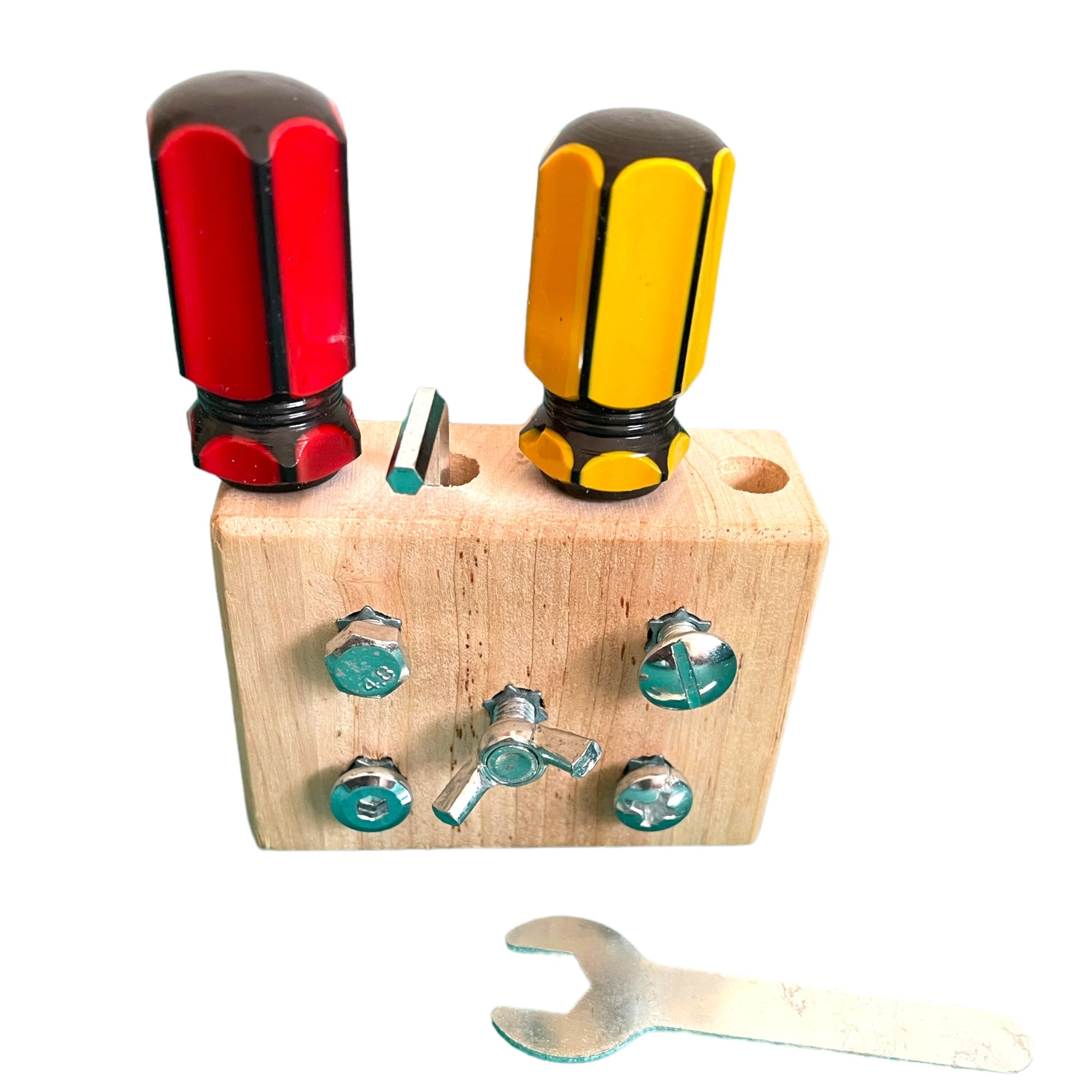 Mini tablero ocupado Montessori deluxe con juego de destornilladores, tornillos y tuercas, engranajes, pestillos y cerradura
