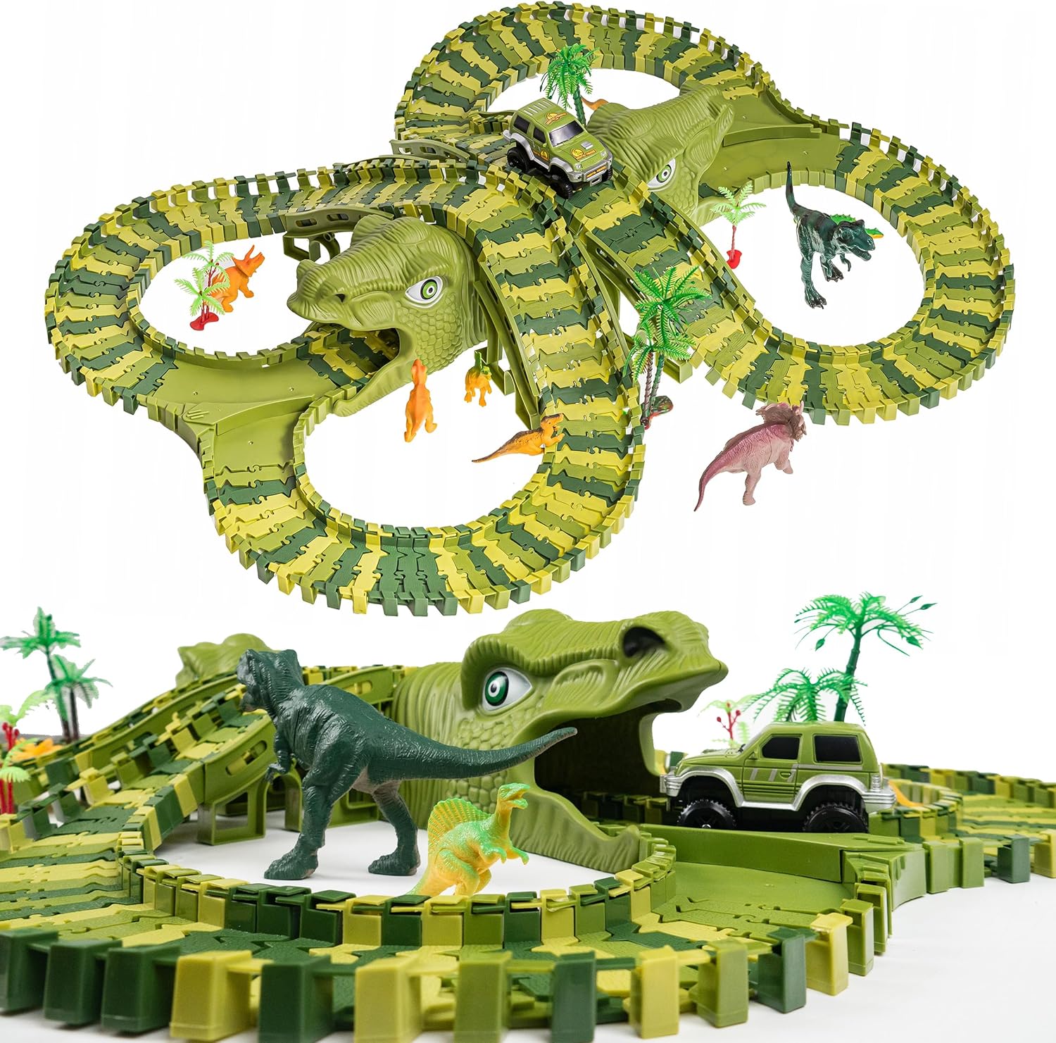 Fidtoy Dinosaur Race Track Set for Kids – Flexible Jurassic Track with Motorized Dinosaur Car, 360° Loop, Bridge, Dinosaur Figures, and Creative Building Play