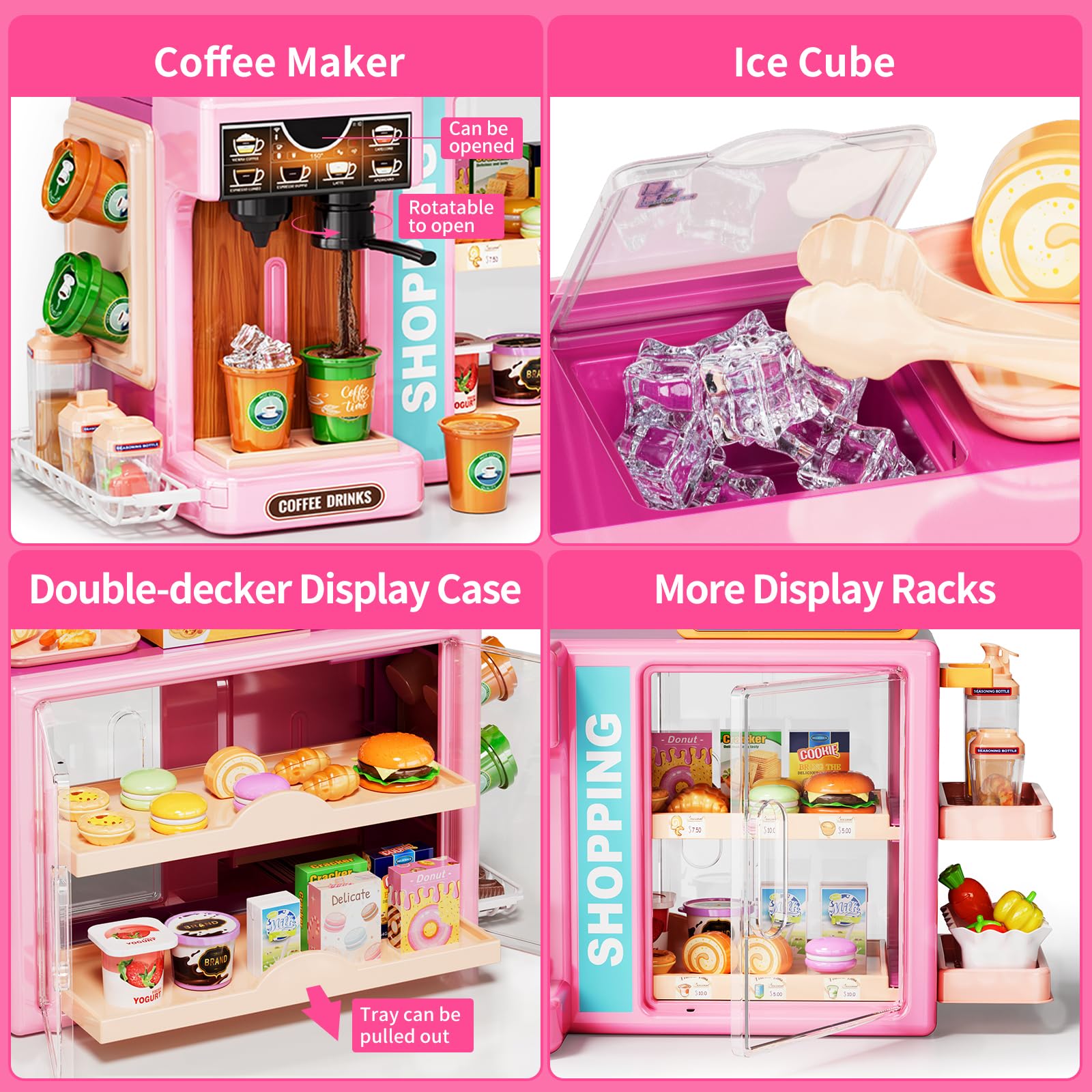 Supermarket Playset Deluxe Grocery Store with Cash Register & Coffee Maker Educational Role Play Toy for Toddlers & Kids (Green or Pink)