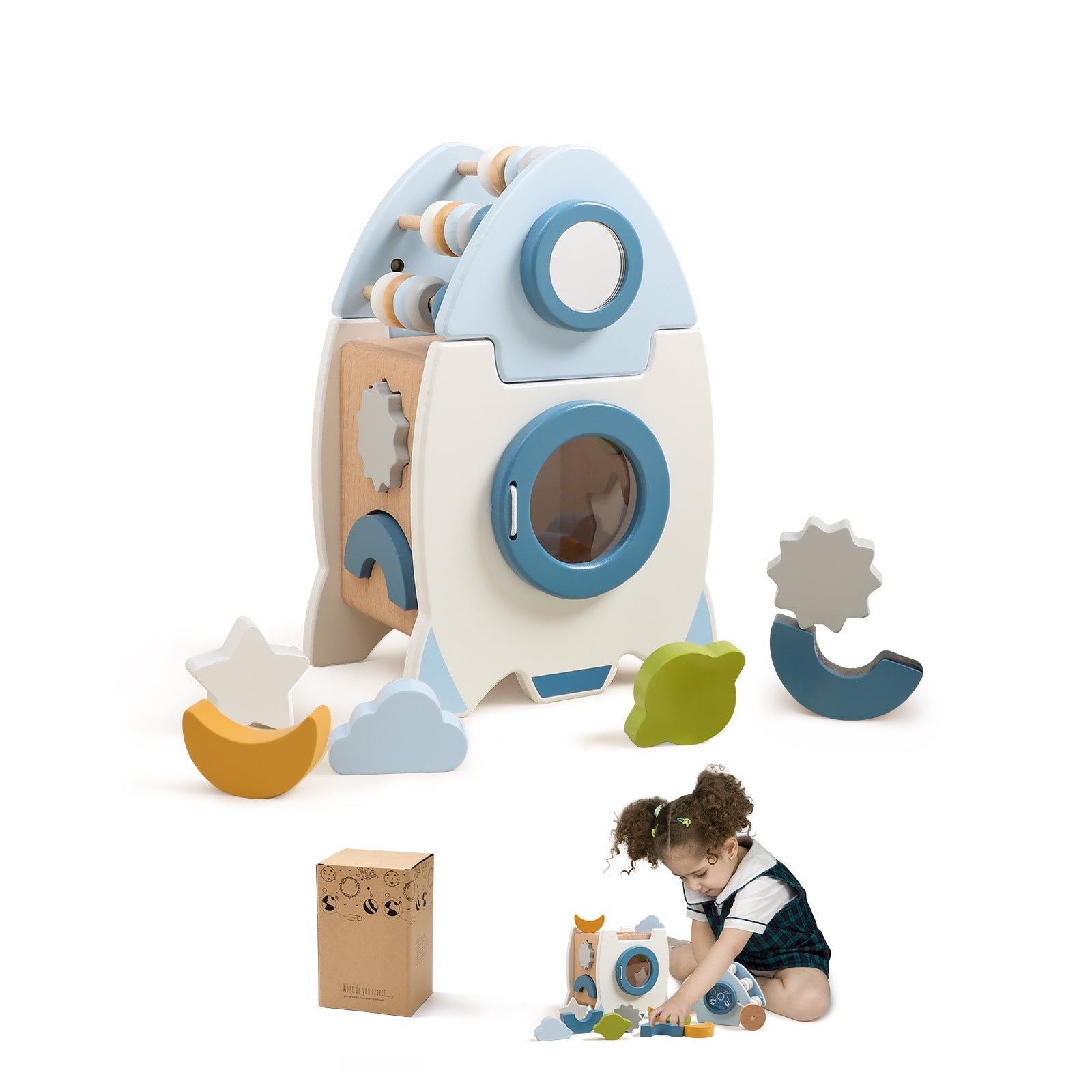 Fidtoy Rocket Activity Cube Montessori Wooden Toy for Toddlers