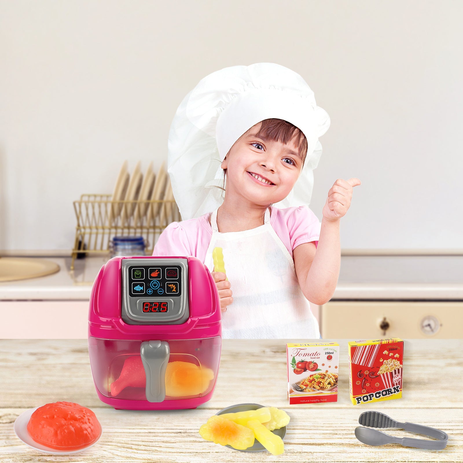 Pink Air Fryer Toy Pretend Play Toys Cooking Machine Role Play Set with plates play food accessories food serving tongs