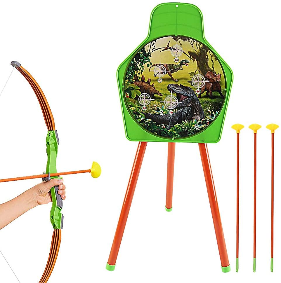 Juego de tiro con arco con temática de dinosaurios con arco, flechas con ventosa, carcaj, soporte de diana, juego de jardín para niños