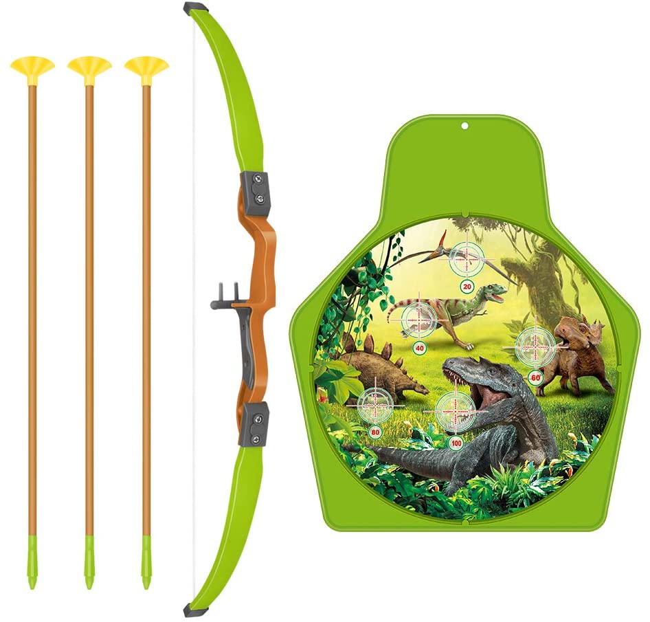 Dinosaur Themed Bow and Arrow Shooting Archery Set with Bow Suction Top Arrows Quiver Target Stand Outdoor Garden Game for Kids