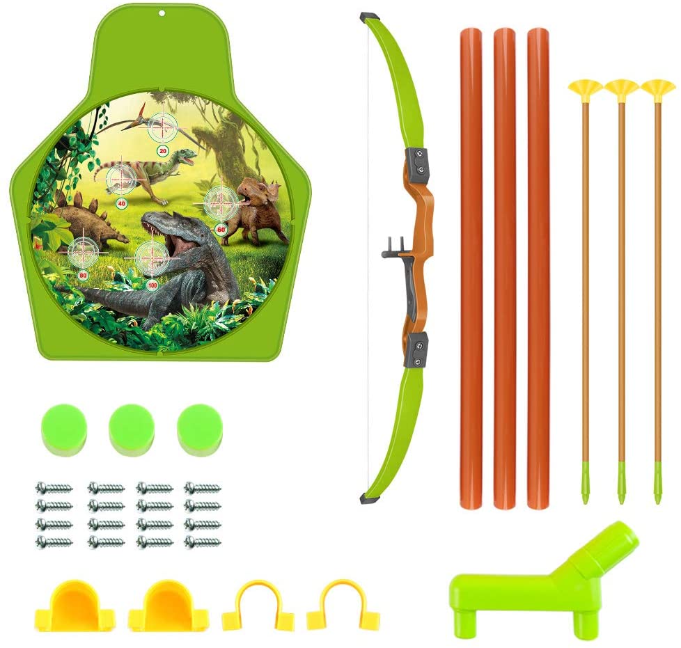 Dinosaur Themed Bow and Arrow Shooting Archery Set with Bow Suction Top Arrows Quiver Target Stand Outdoor Garden Game for Kids