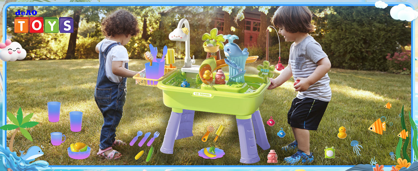 Beach Table & Simulation Kitchen Sink 2-in-1 Toy Set with Water Supply Function Simulation Dishwashing Set with Faucet Color-changing Tableware in Warm Water Children's Role Playing Toy with Accessories Gift