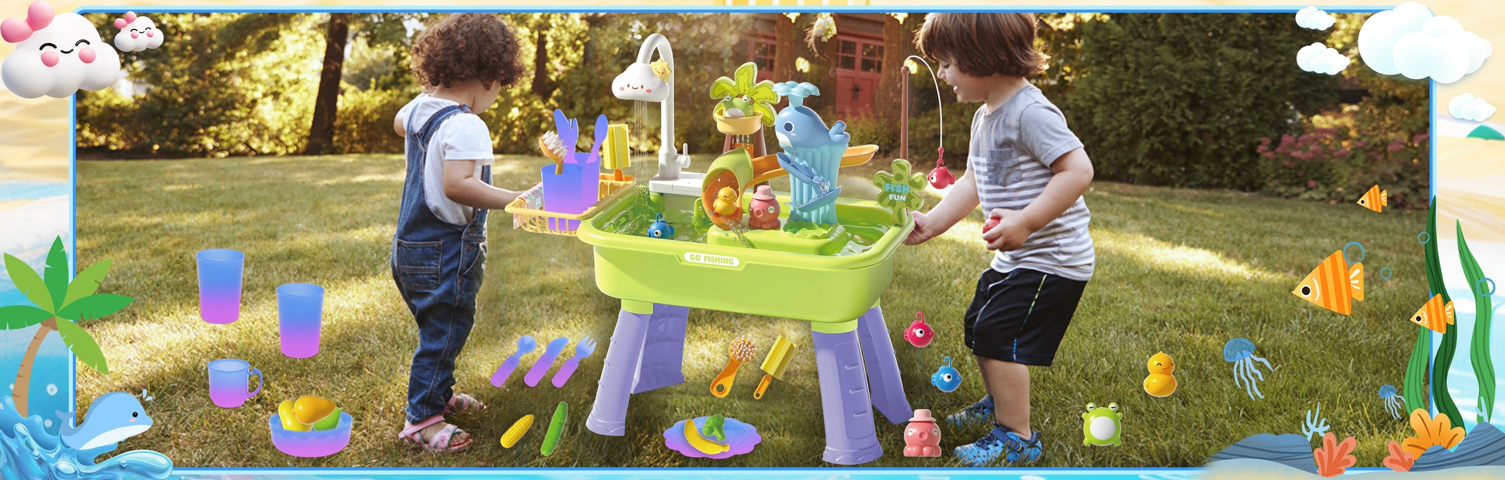Beach Table & Simulation Kitchen Sink 2-in-1 Toy Set with Water Supply Function Simulation Dishwashing Set with Faucet Color-changing Tableware in Warm Water Children's Role Playing Toy with Accessories Gift