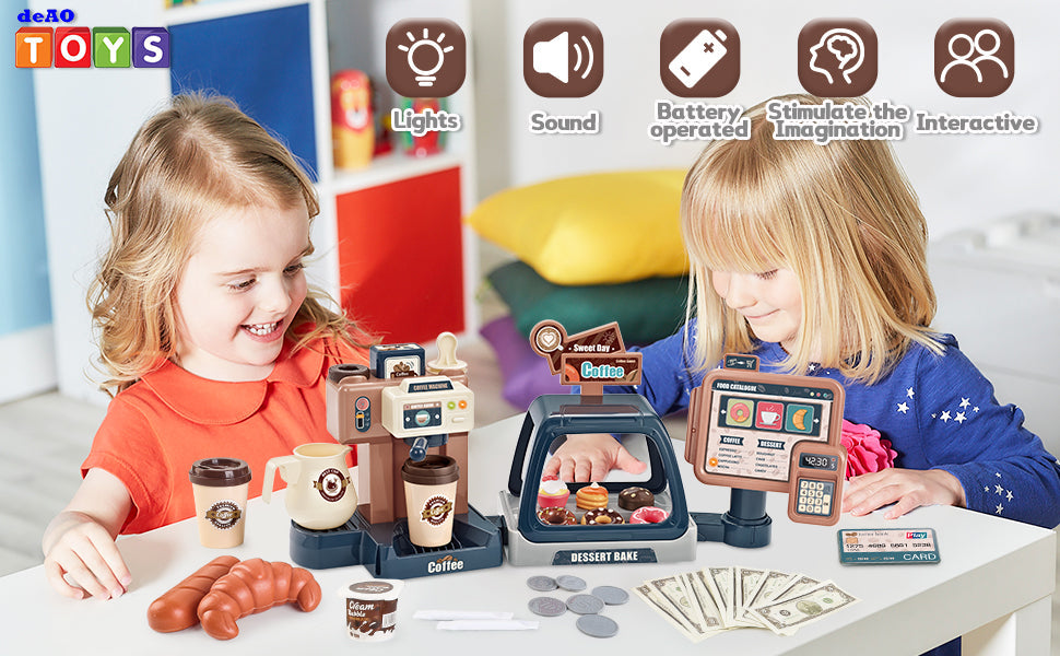 Pretend Kitchen Play Store Coffee Playset Toddlers Coffee Maker Play Set Dessert Shopping with Coffee Machine Cash Registers Toy Kids Age 3+