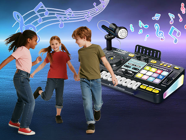 Kids DJ Mixer Music Toy with Microphone DJ Controller with Launchpad, Light-Up Keys, Sound Effects, Bluetooth Function Educational Musical Toy for Boys Girls Ages 3+ Kids Mixer Music Toy