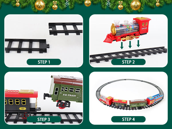 Electric Christmas Train Set with Deformable Carriage 4 Random Alloy Cars Sound Smoke and Cool Light Christmas Tree Train Gift for Kids