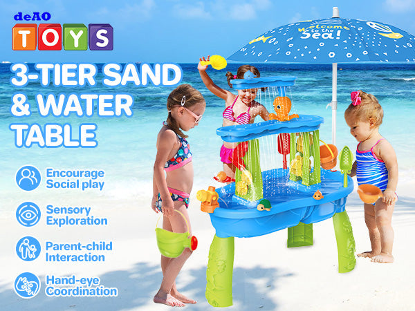 3-Tier Sand and Water Table with Umbrella & Beach Toys Outdoor Sand Water Play Table for Kids Summer Backyard Toy with Water Wheel, Buckets, and Accessories, Ideal for Boys & Girls