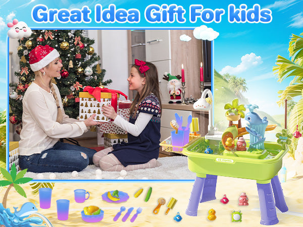 Beach Table & Simulation Kitchen Sink 2-in-1 Toy Set with Water Supply Function Simulation Dishwashing Set with Faucet Color-changing Tableware in Warm Water Children's Role Playing Toy with Accessories Gift