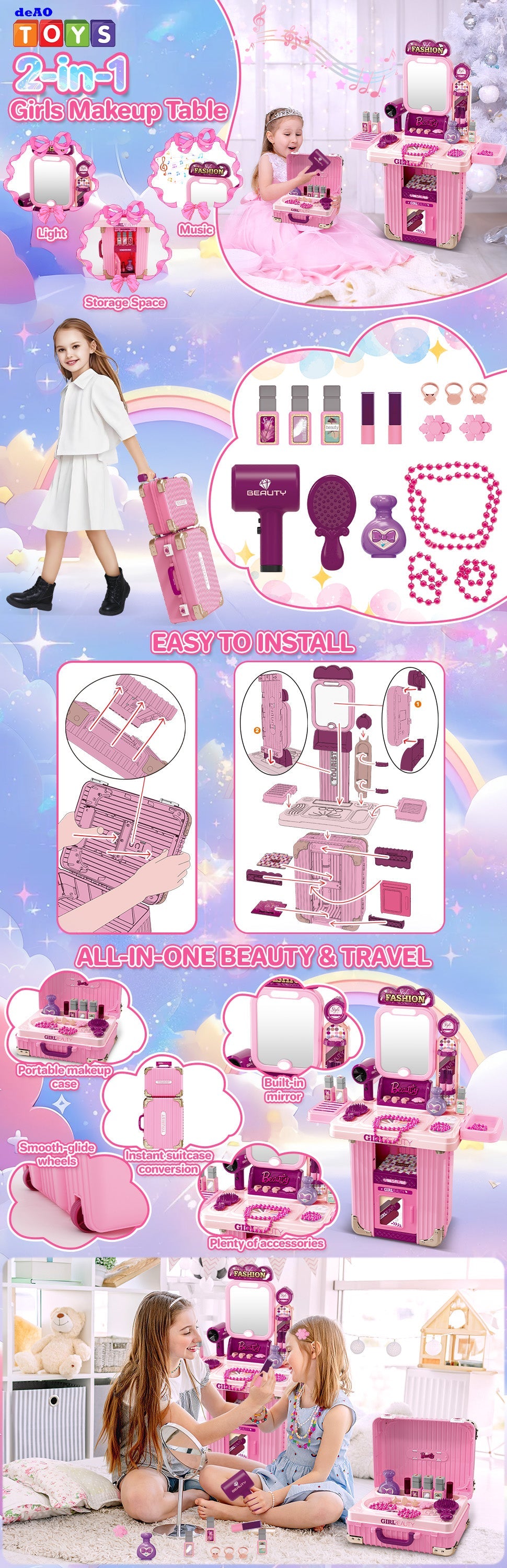 Kids Beauty Vanity Set with Suitcase Dressing Table Hair Salon Pretend Makeup & Hairdressing Toy Set Portable Dressing Table Princess Dress Up Playset Gift Toddler