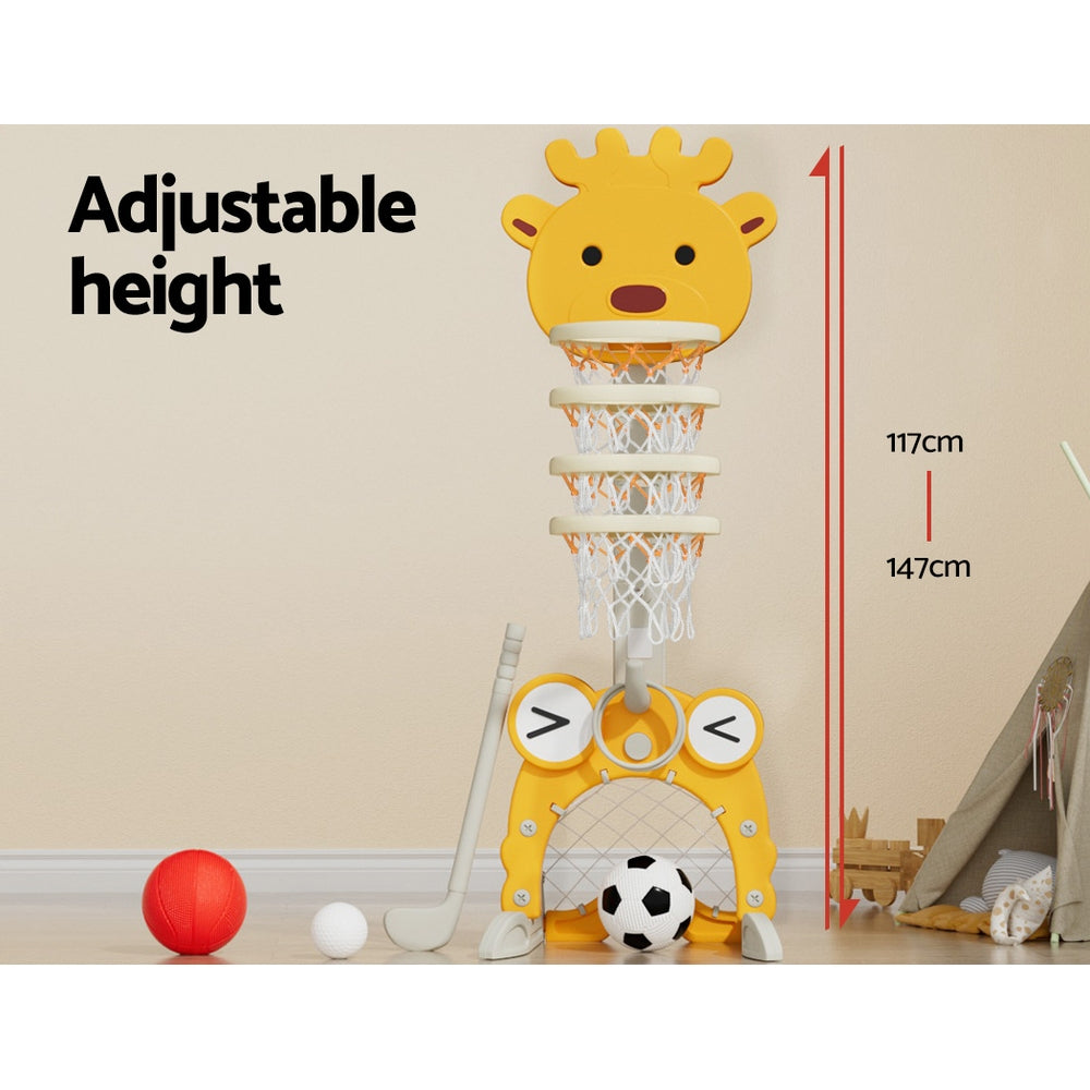 Kids Adjustable Basketball Hoop Set with Soccer, Golf, Ring Toss & Music Box – Sports Toy