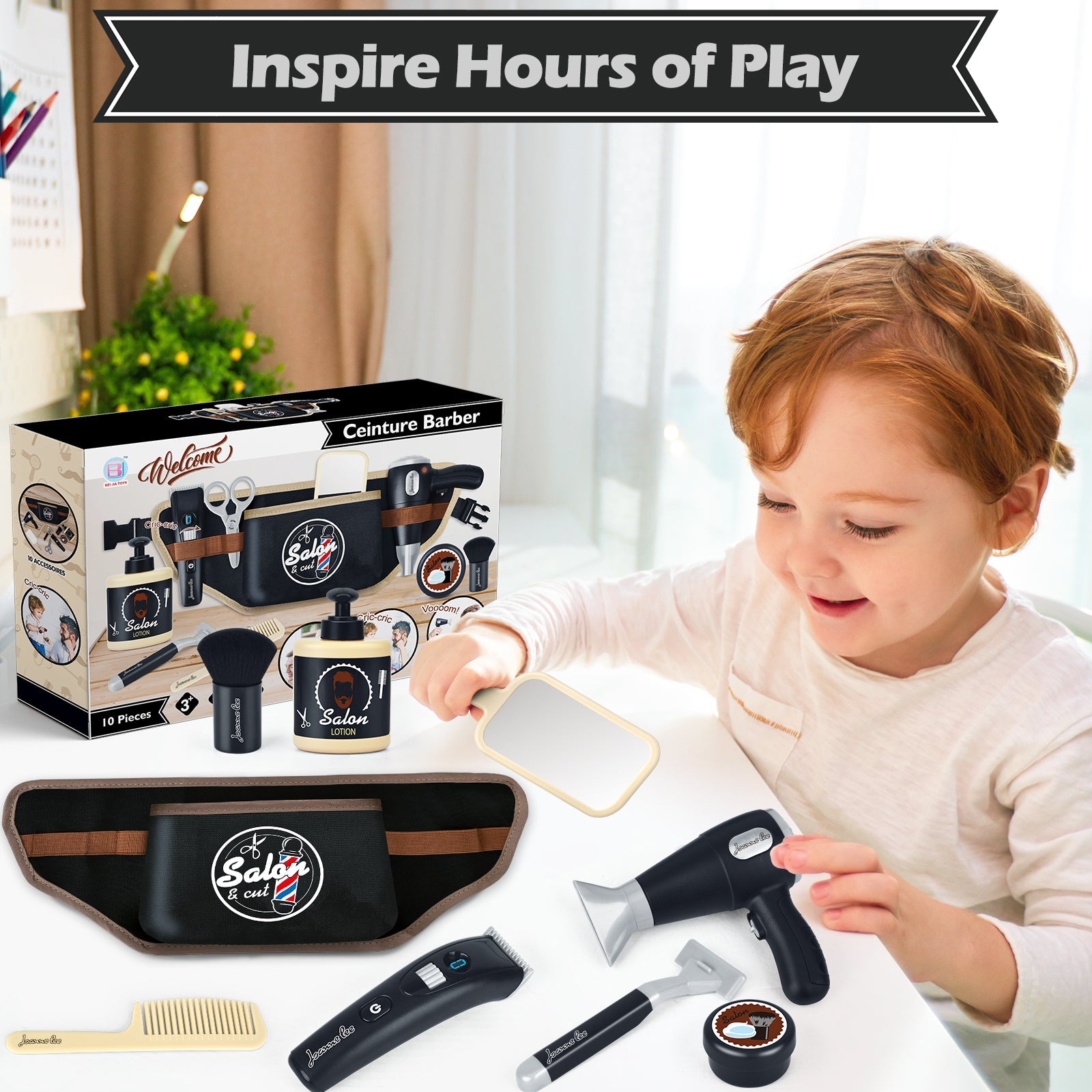 Hairdressing Stylist Playset Hair Salon Role Play Barber Toy Kit with Hair Dryer Fake Razor Barber Scissors for Kids 3+