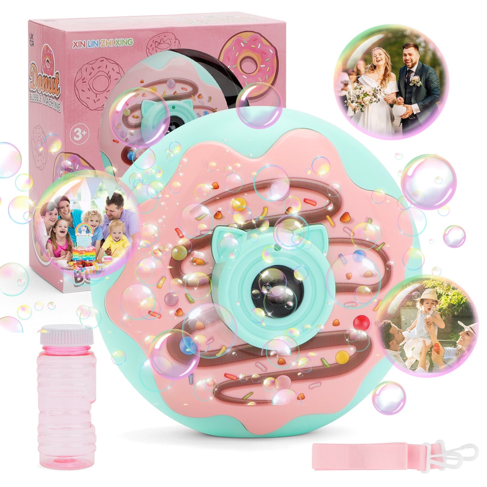 Magical Donut Camera Bubble Machine Automatic Light-Up Bubble Blower Fun Music & One-Click Operation | Perfect Outdoor Toy for Kids & Families | Trendy Summer Bubble Machine Pink and Green