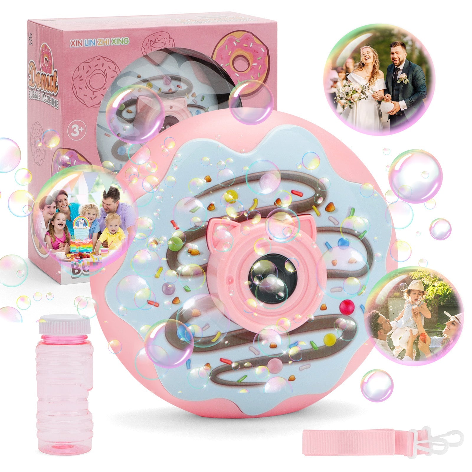 Magical Donut Camera Bubble Machine Automatic Light-Up Bubble Blower Fun Music & One-Click Operation | Perfect Outdoor Toy for Kids & Families | Trendy Summer Bubble Machine Pink and Green