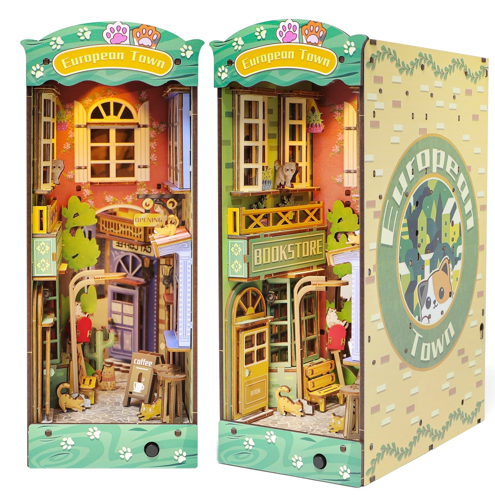 DIY Book Nook Kit DIY Dollhouse Booknook Bookshelf Insert Decor Alley Book Nook Wood Bookend Model Building (Stree & Cat Modle)