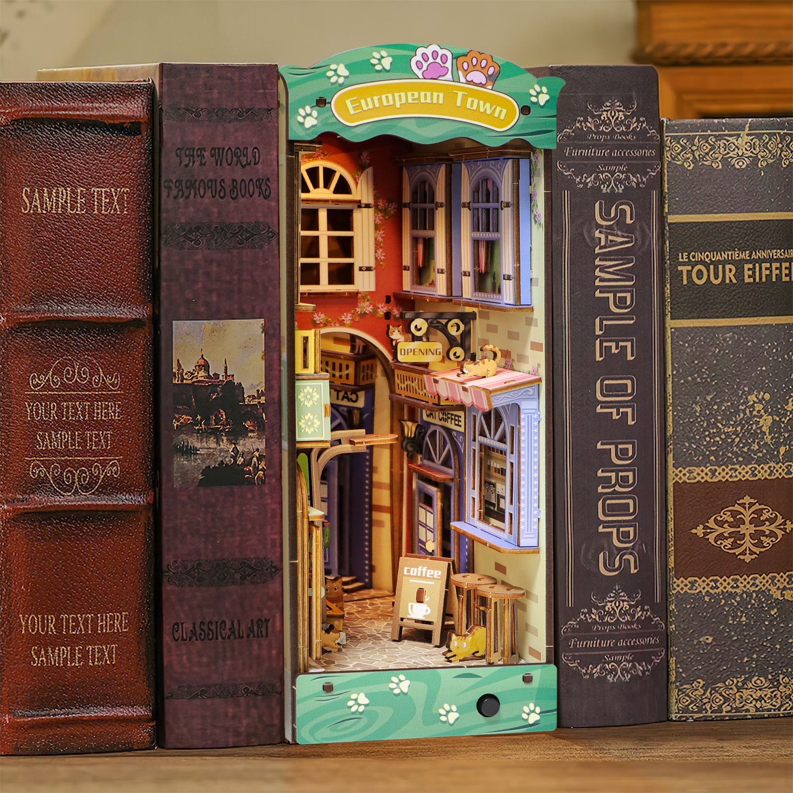 DIY Book Nook Kit DIY Dollhouse Booknook Bookshelf Insert Decor Alley Book Nook Wood Bookend Model Building (Stree & Cat Modle)