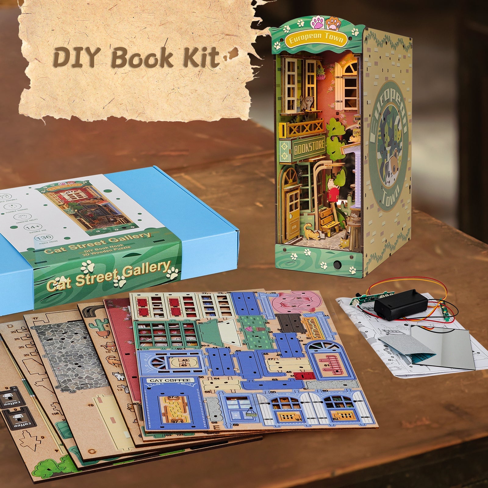 DIY Book Nook Kit DIY Dollhouse Booknook Bookshelf Insert Decor Alley Book Nook Wood Bookend Model Building (Stree & Cat Modle)