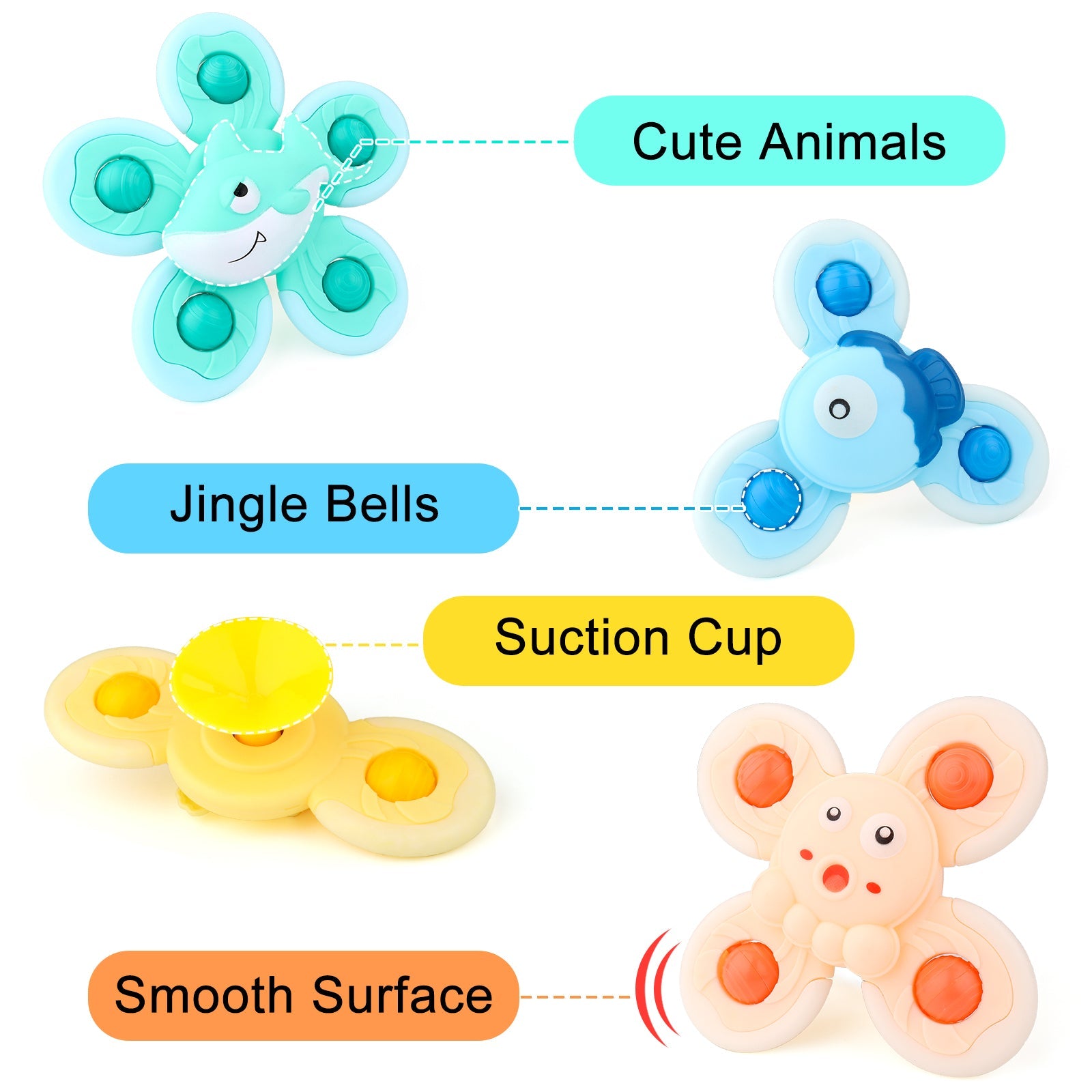 4PCS Suction Cup Hand Spinner Toys, Fidget Spinner for kids with Suction Cup Baby interactive Sensory Toy Bath Spinning Toys for Toddlers