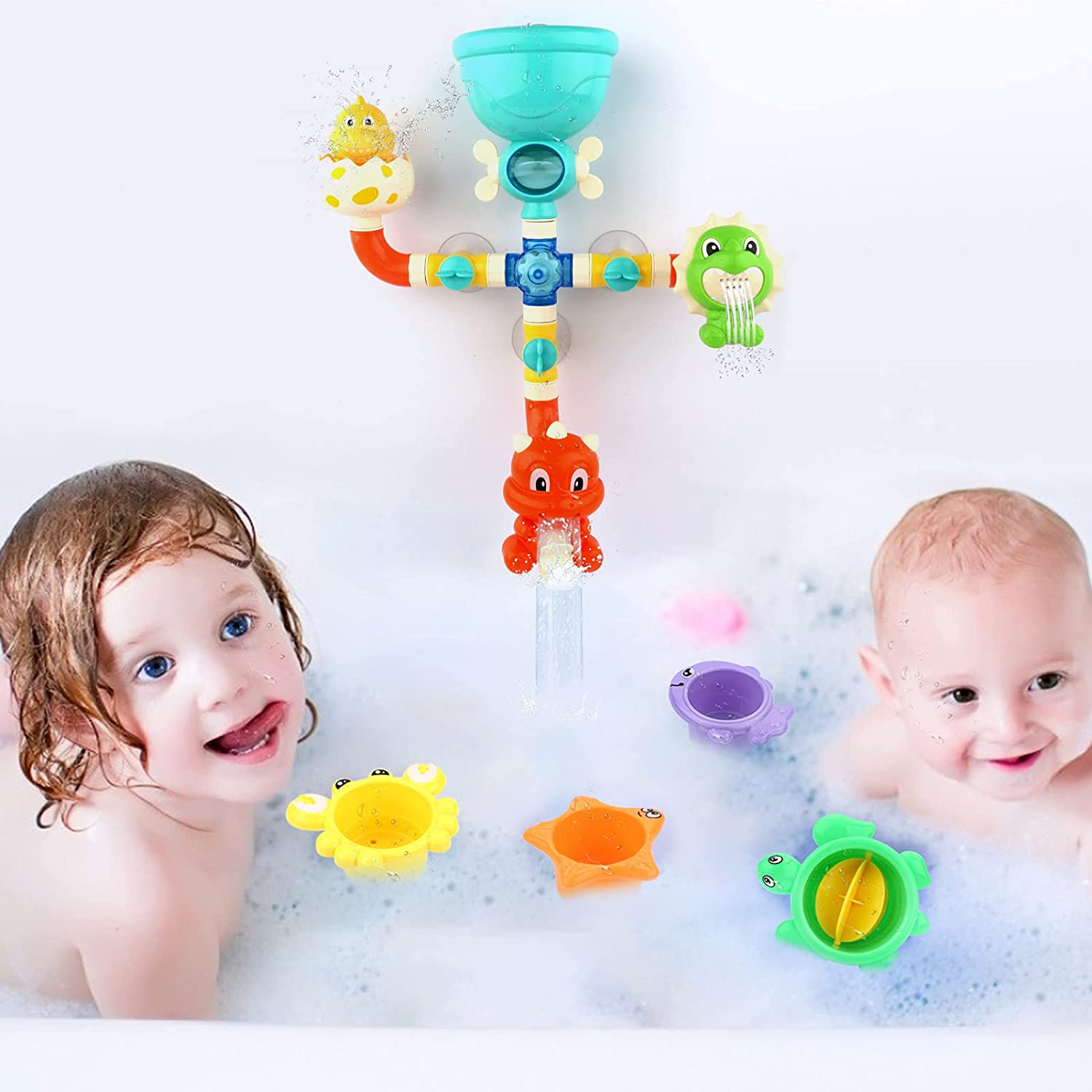 Baby Bath Dinosaur Toy Water Pipes with Waterwheel and Variety of Sea Animals Bathtime Play Toys Safe Material for Children