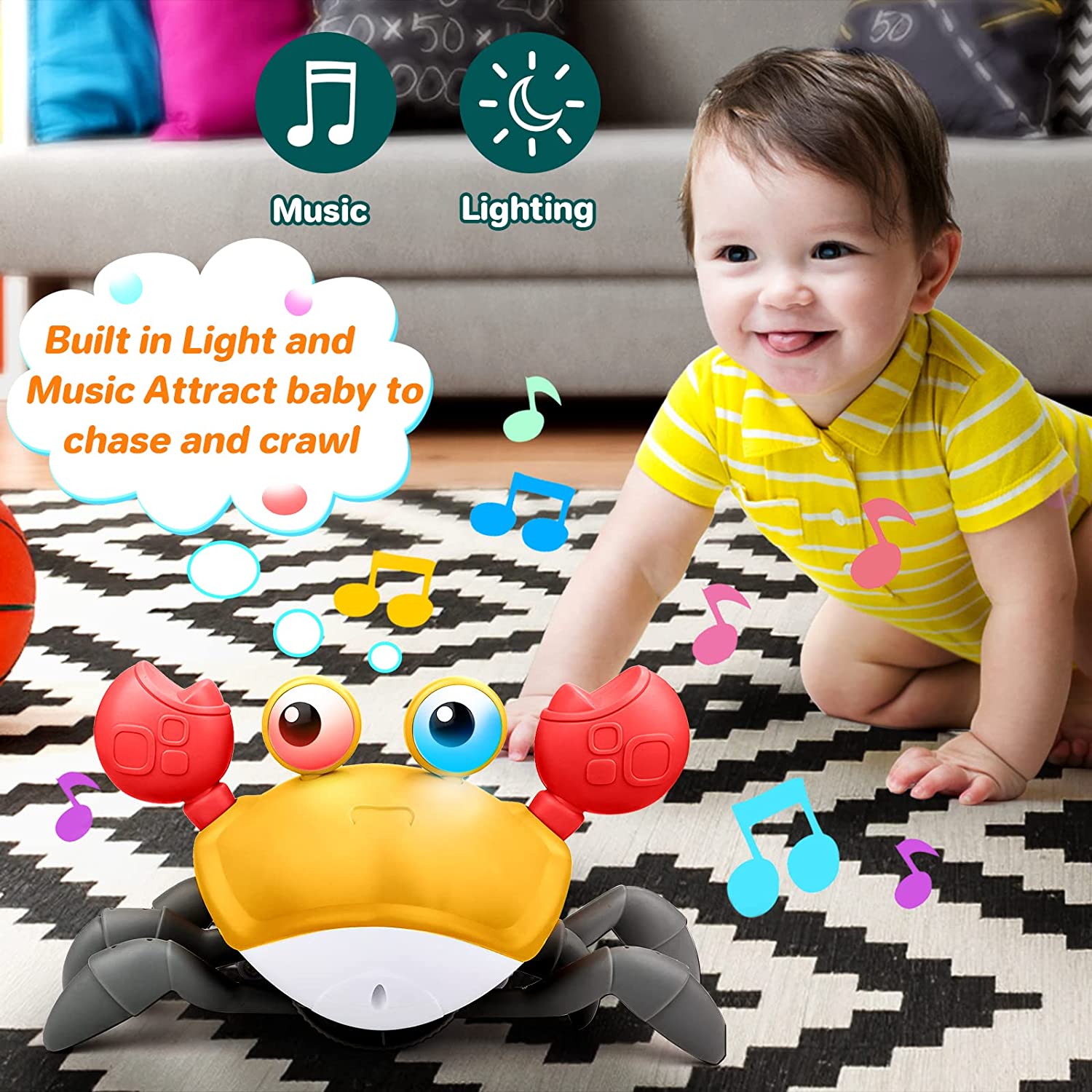 Crawling Crab Toy with Music and Light, Interactive Crawling Toys for Toddlers Walking Dancing Sensory Toys for Children