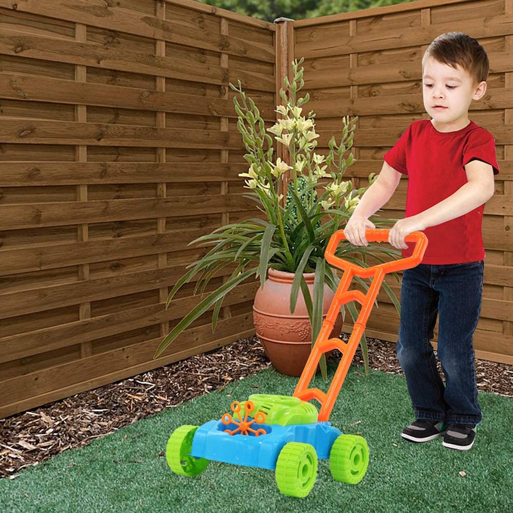 2-in-1 Super Bubble Push along Lawnmower Toy Machine Boomerangs and UFO Flyers for Indoor and Outdoor Use–Great Christmas Gift for Kids