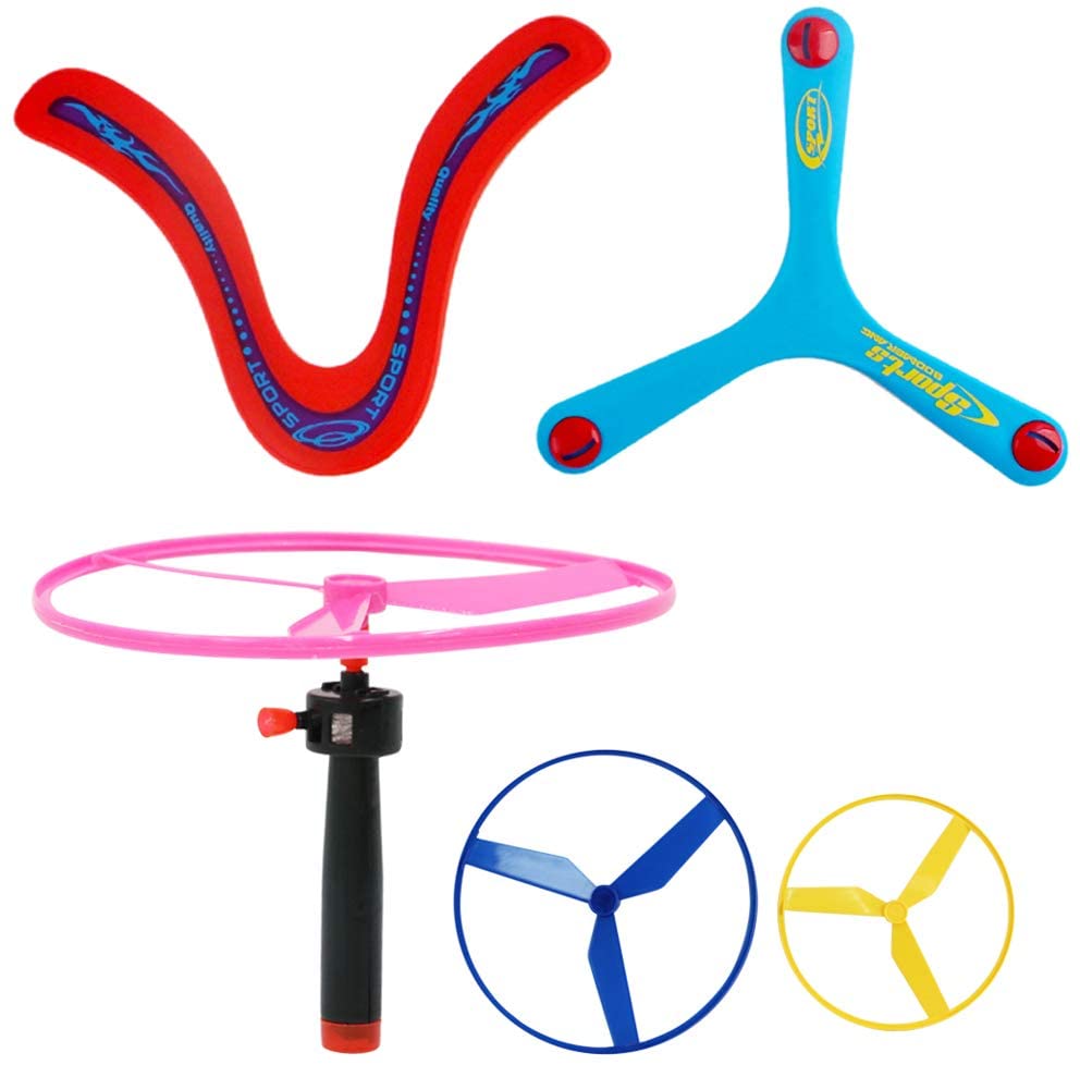 2-in-1 Super Bubble Push along Lawnmower Toy Machine Boomerangs and UFO Flyers for Indoor and Outdoor Use–Great Christmas Gift for Kids