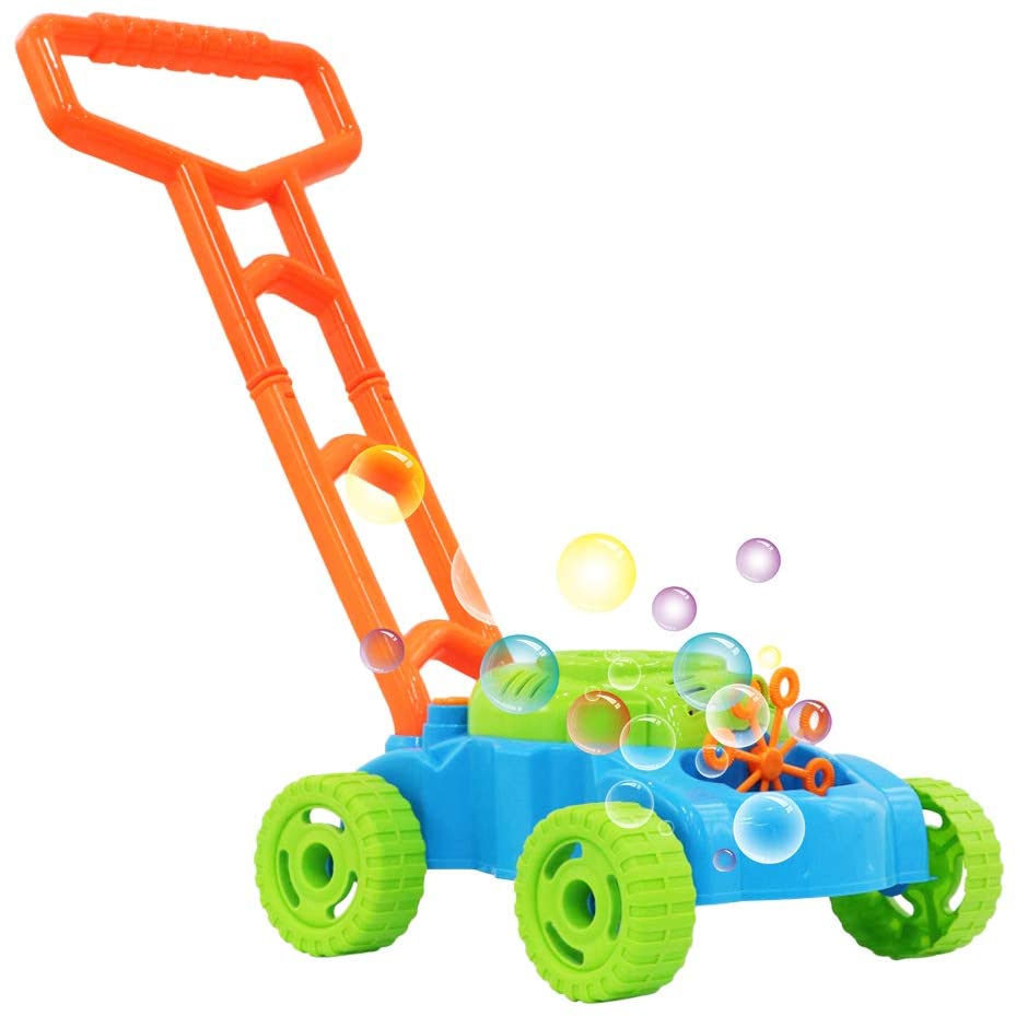 2-in-1 Super Bubble Push along Lawnmower Toy Machine Boomerangs and UFO Flyers for Indoor and Outdoor Use–Great Christmas Gift for Kids