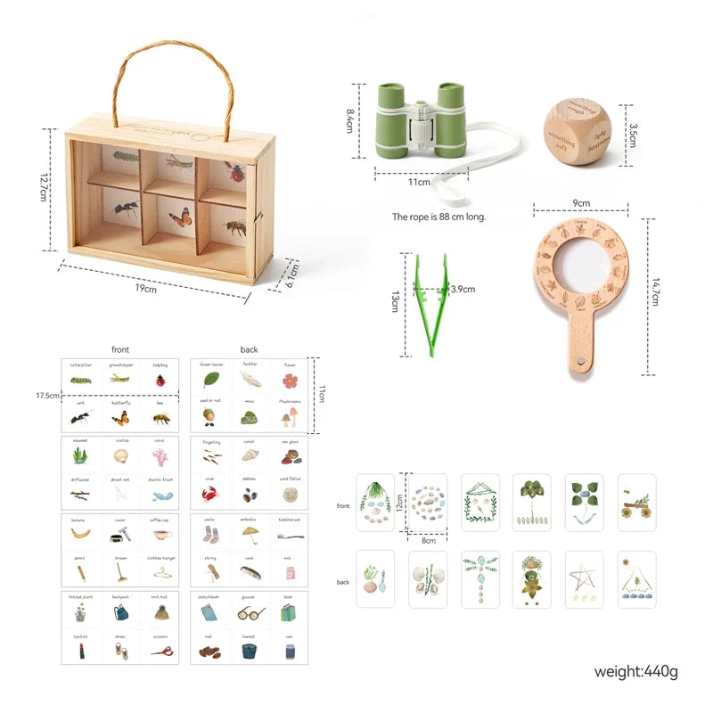 Wooden Explorers Pack Field Binoculars with Specimen box Magnifier Glass Sensory Tools Nature With Flash Cards