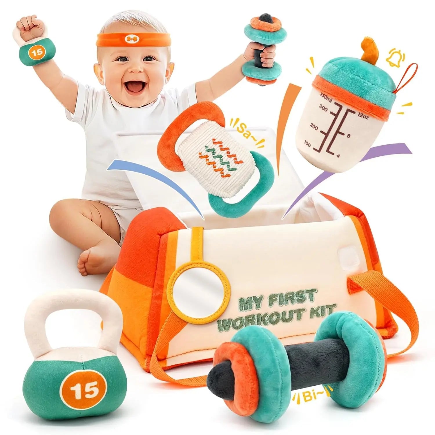 Fidtoy Baby Plush Rattle Toy Set First Gym Kit Sensory Toy with Storage Bag for Newborns and Toddlers