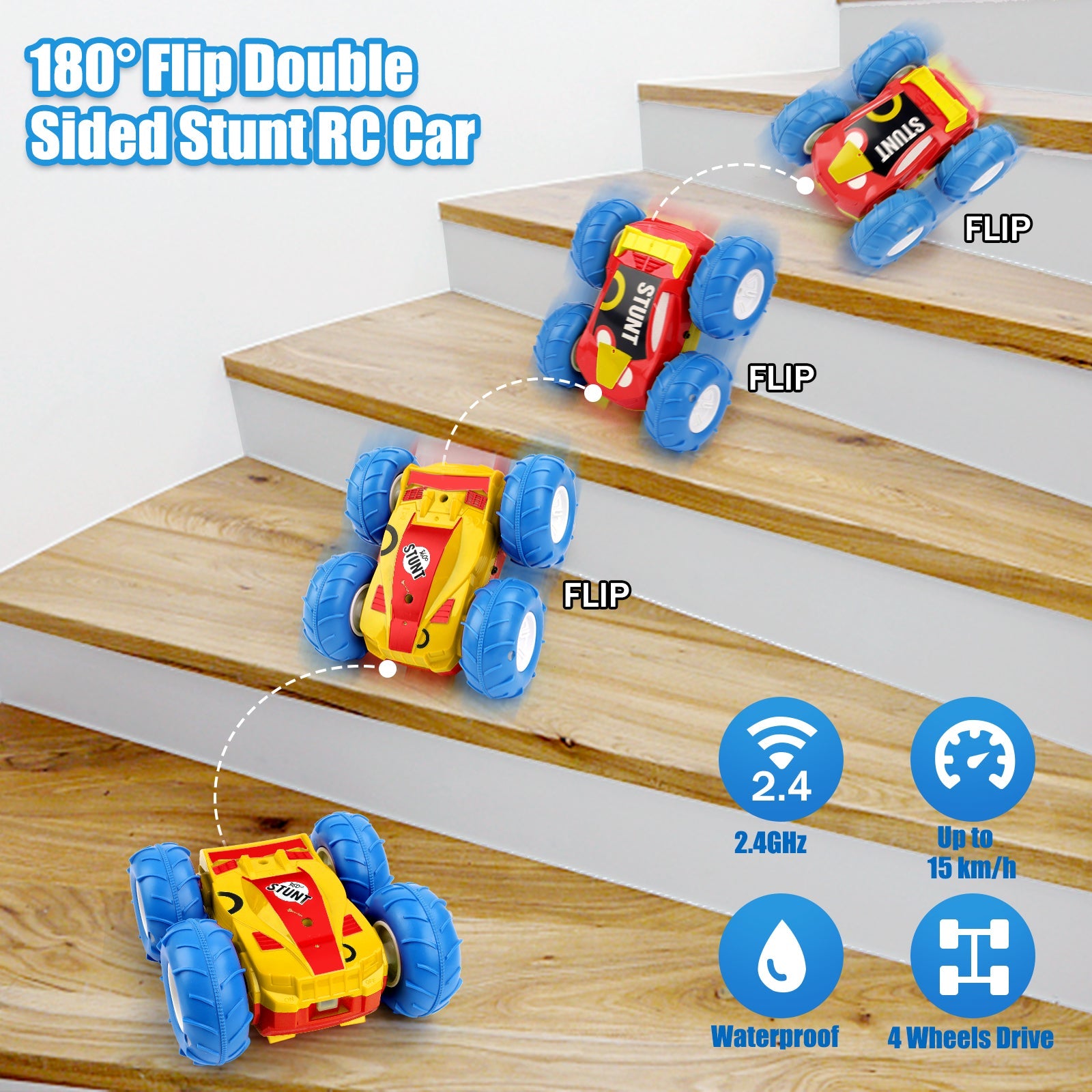 Remote Control Cars Waterproof 360° Flip Double Sided Car 2.4Ghz 15KM/H 4WD Off-Road Monster Truck LED Rechargeable Toy Car Gift for Kids