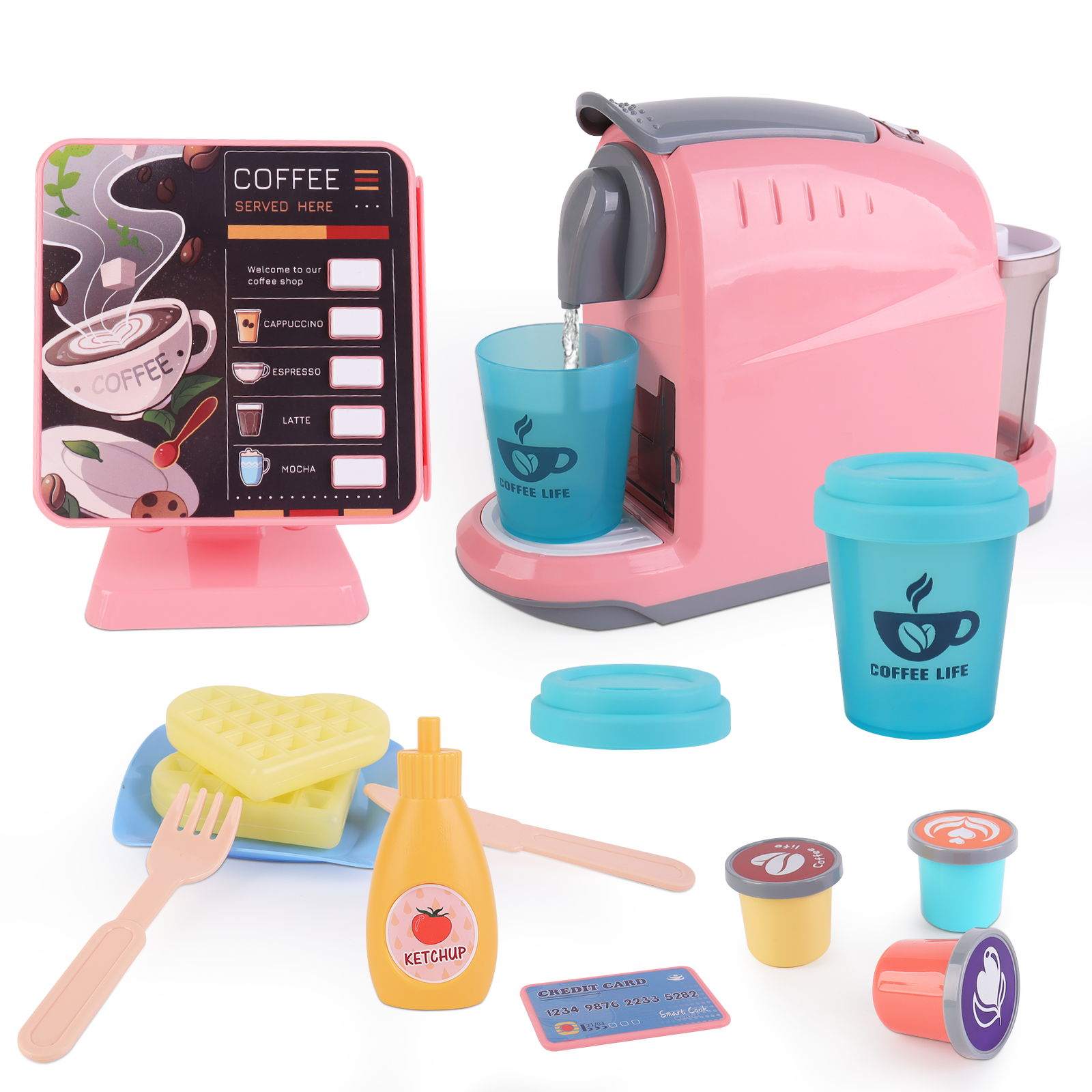 Coffee Shop Set with Coffee Maker Toy Menus Cash Register Toy Play Food Gift for Toddlers Boys Girls Aged 3+