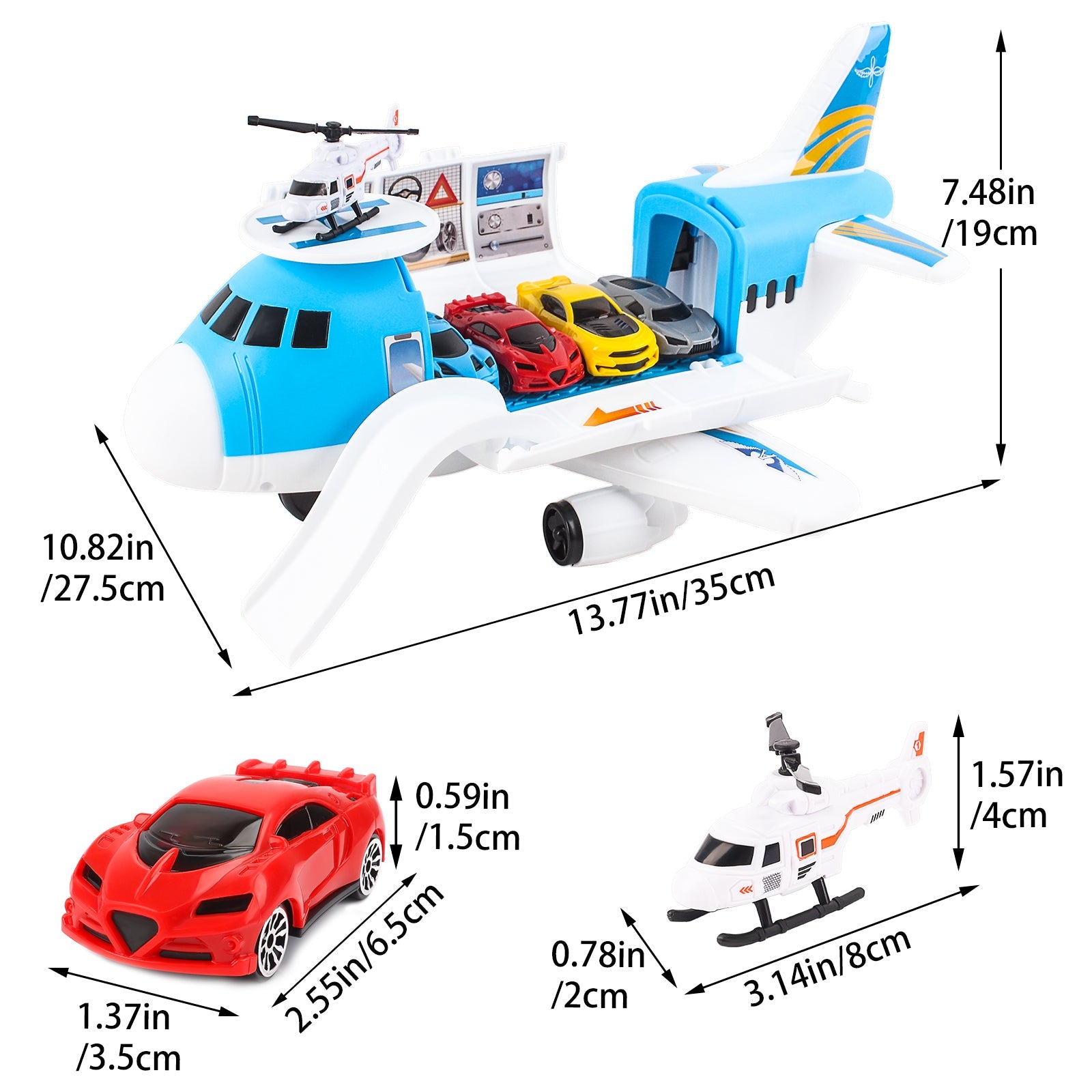 Transport Cargo DIY Plane Car Toy Play Set with Ramp and 4 Mini Car, 1 Helicopter Included - Fun Educational Toy for Kids