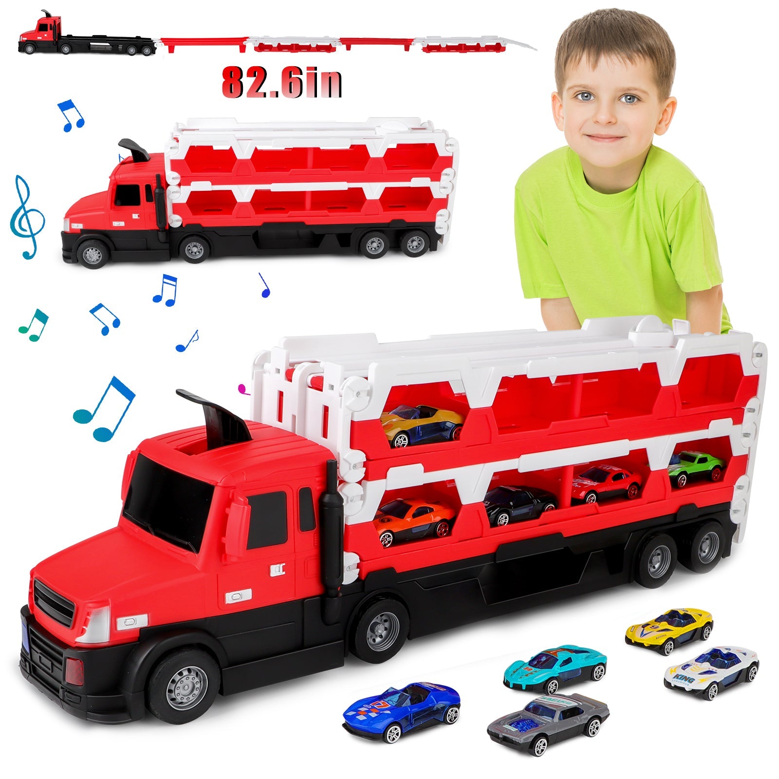 2-in-1 Alloy Car Transport Truck Toy Set Versatile Foldable Catapult Race Track Set includes 10 Cars with Lights & Music Gift for Kids