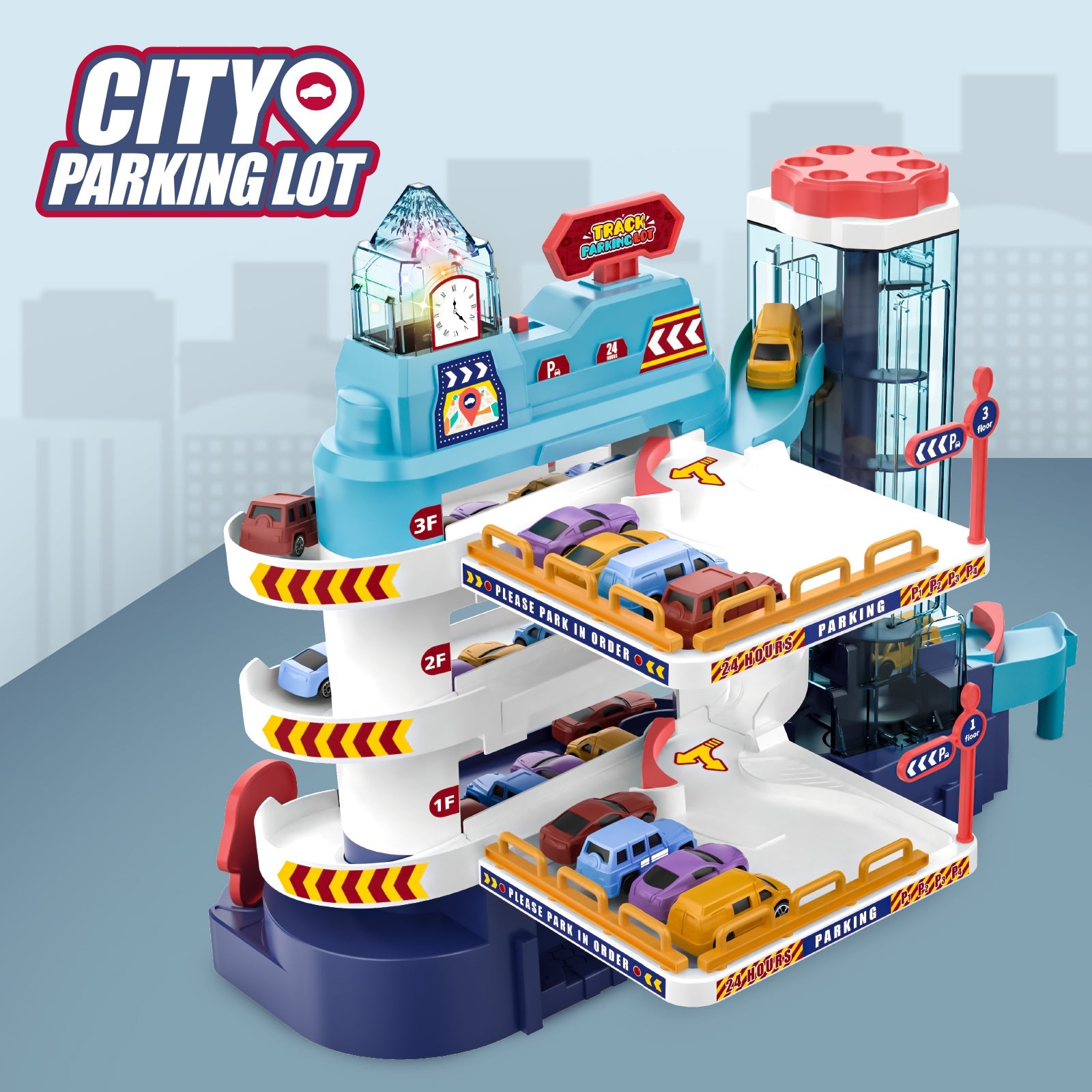 Garage Track Set with Music and Light Effects 3-story Parking Building with Electric Elevator Toys Vehicle Garages Great Present for Kids