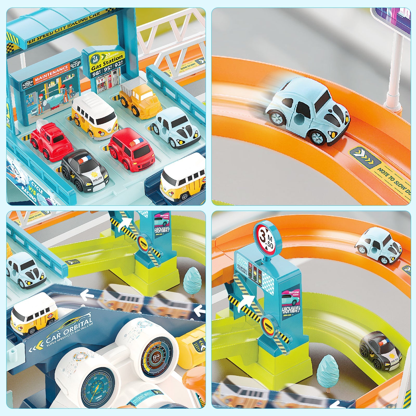 Car Garage Tracks Simulation Steering Wheel Toy Set Vehicle Playsets with Musical Puzzle Car Tracks Gifts for Child