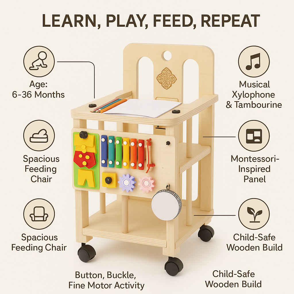 Wooden Multi-Use Baby Growth Chair with Sensory Activity Board (6–36 Months)