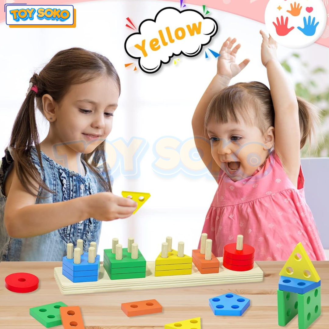 Montessori Wooden Shape Sorter Stacking – Infant Learning toys