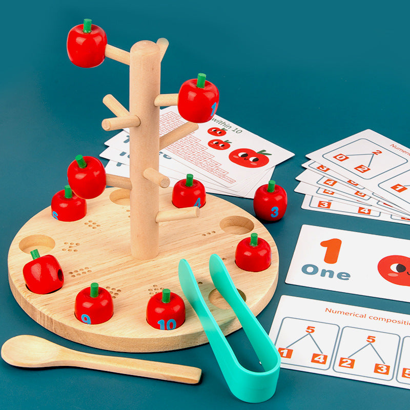Fidtoy Montessori Wooden Apple Picking Game – Educational Counting & Math Toy for Kids Ages 4-6